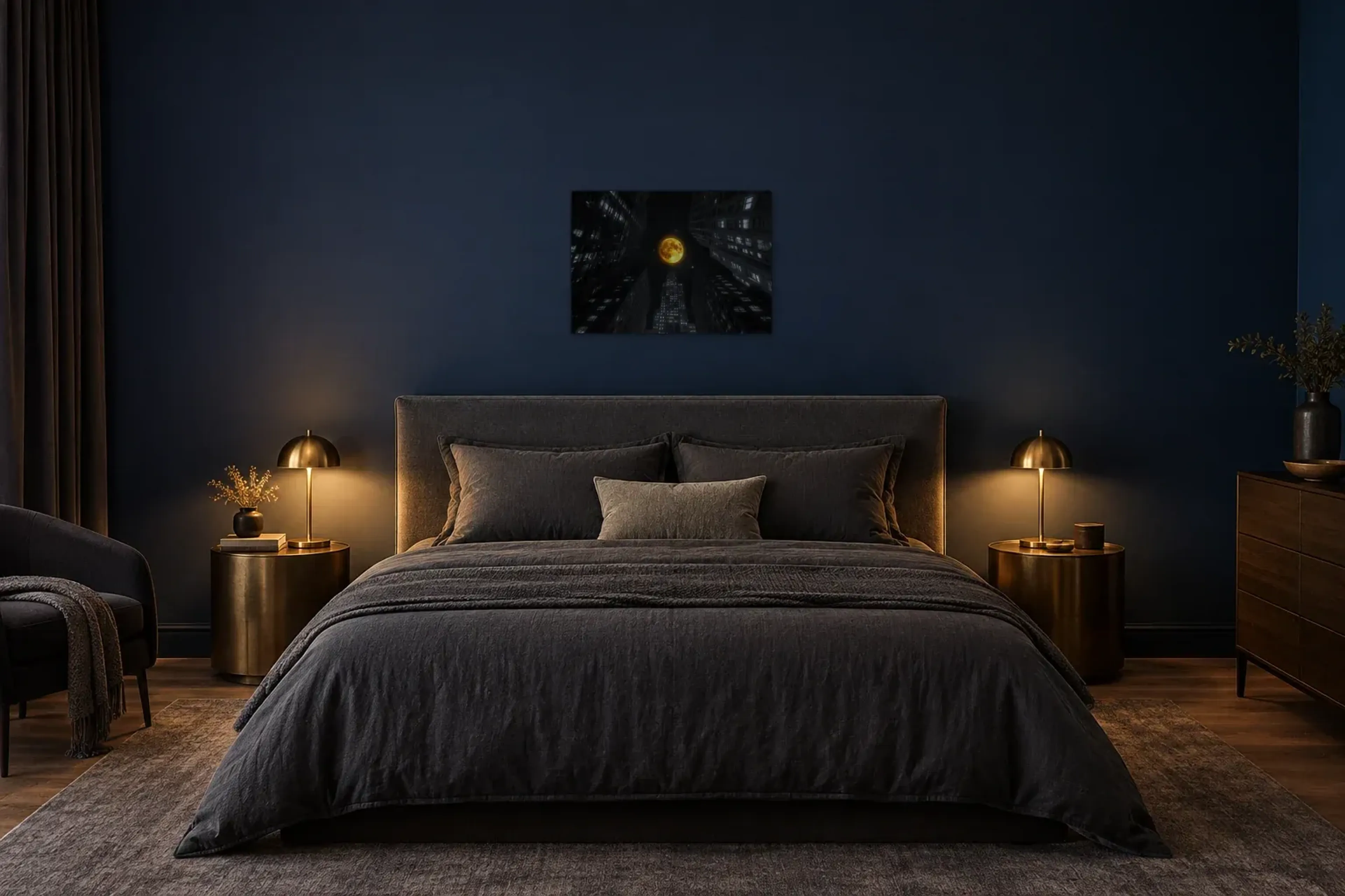 Mond über Hochhäusern als Wandbild über einem 180-cm-Bett