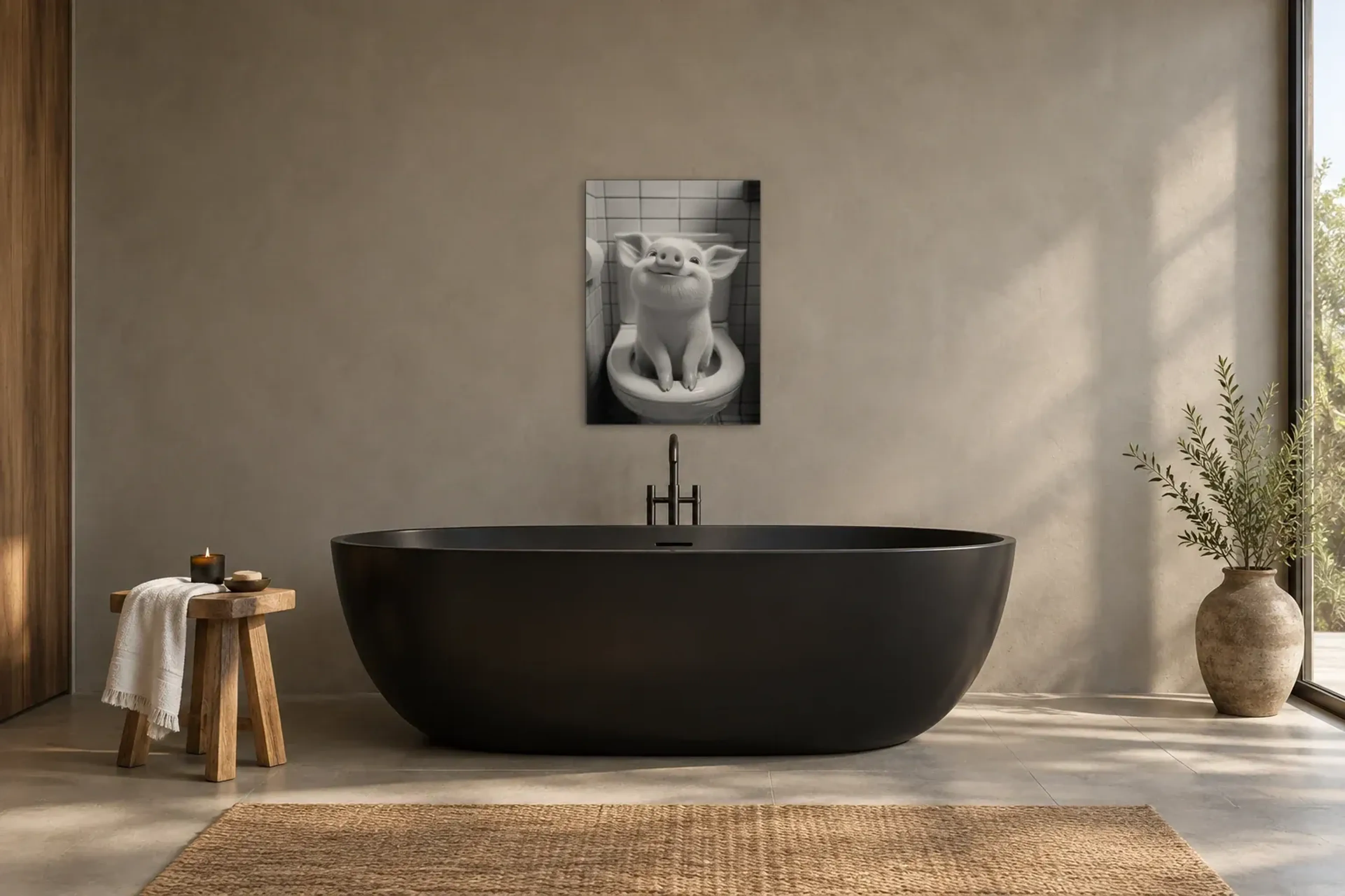 Lächelndes Ferkel als Wandbild über einer 170-cm-Badewanne