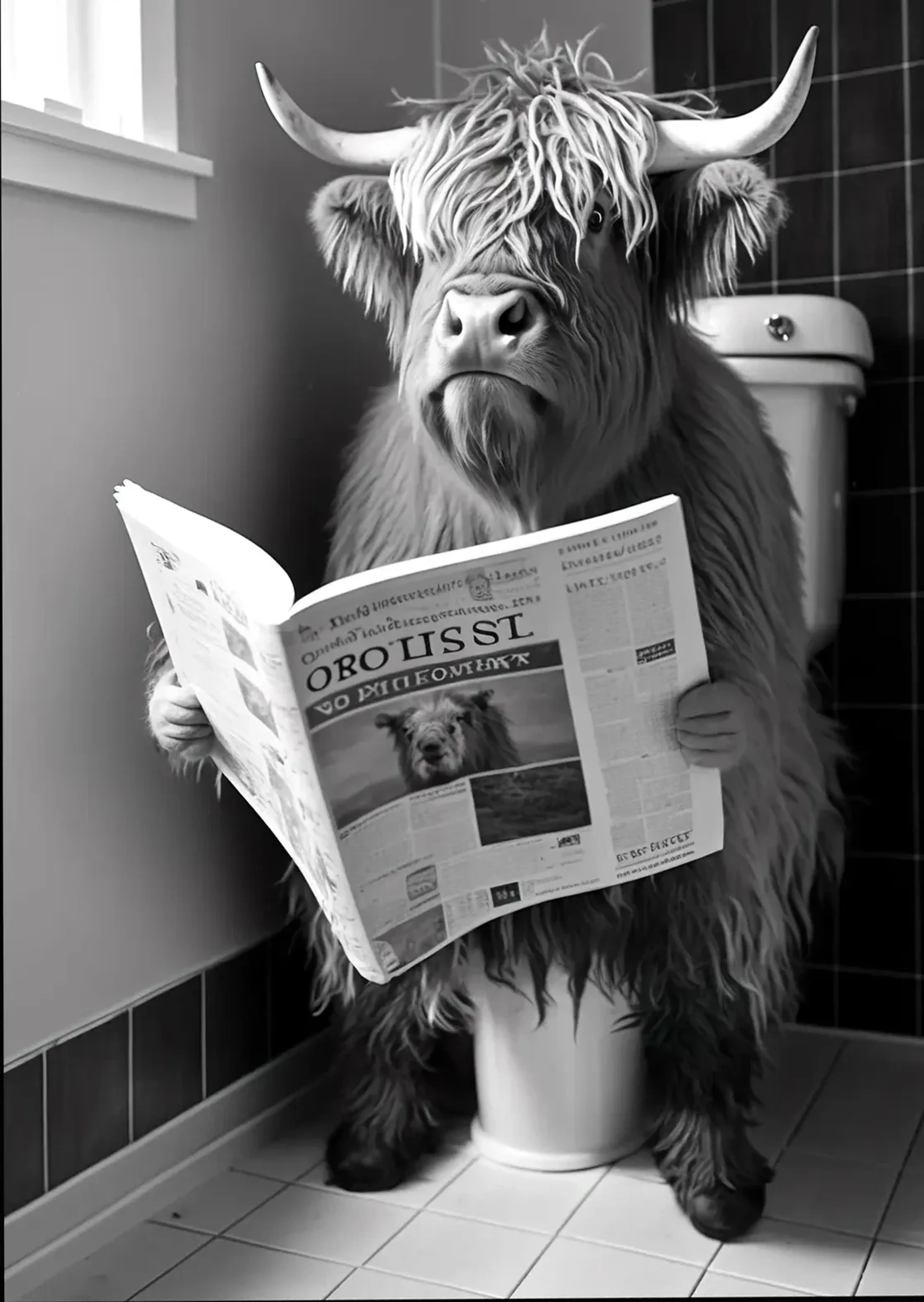 Schwarz-weißes Motiv eines zotteligen Hochlandrinds mit Hörnern und aufgeschlagener Zeitung auf einer Toilette.