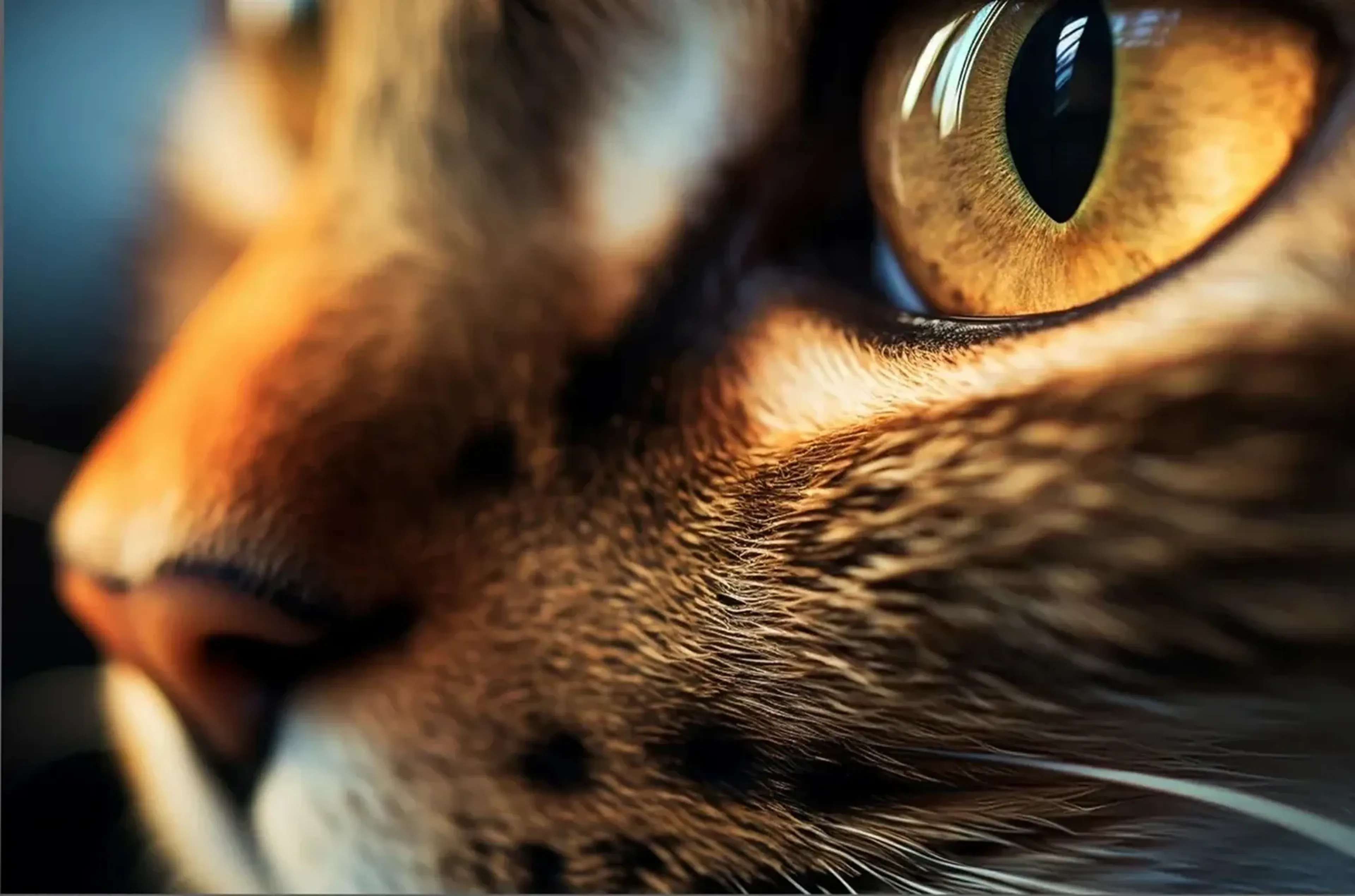 Nahaufnahme einer braun getigerten Katze mit goldenem Auge, dunkler Pupille und Schnurrhaaren im warmen Licht.