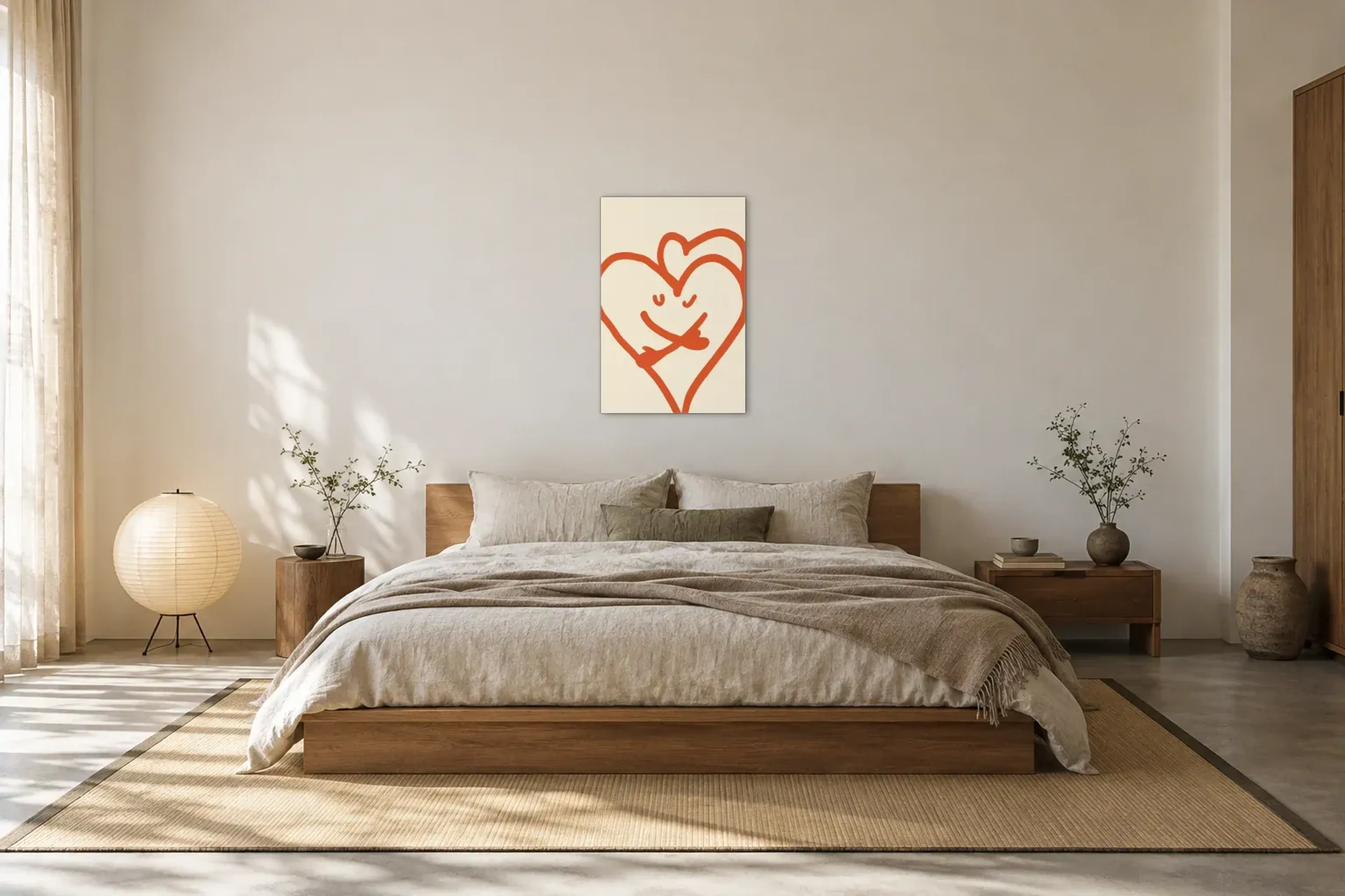 Herzen in Umarmung als Wandbild über einem 180-cm-Bett