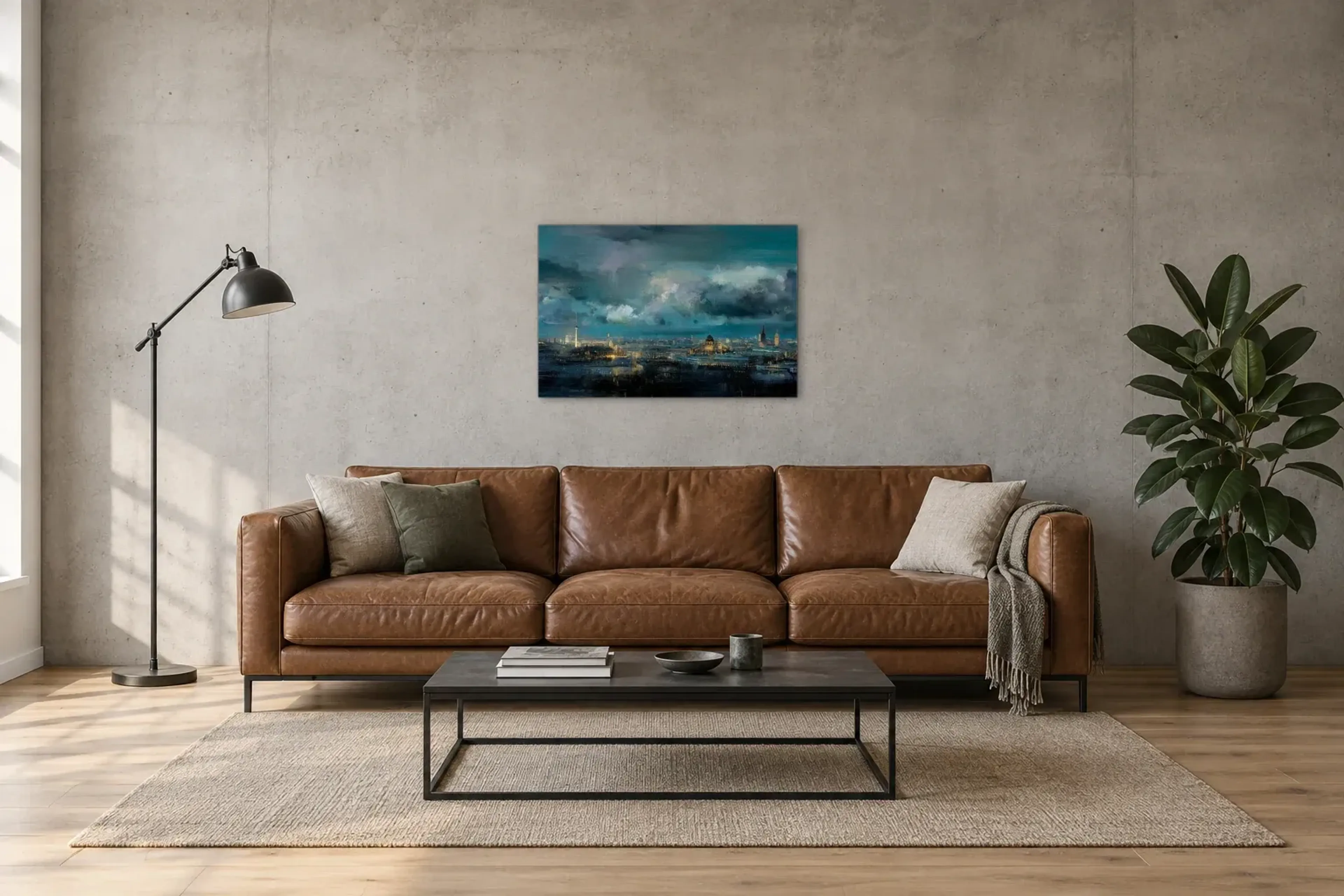 Berlin im Wolkenblau als Wandbild über einem 220-cm-Sofa