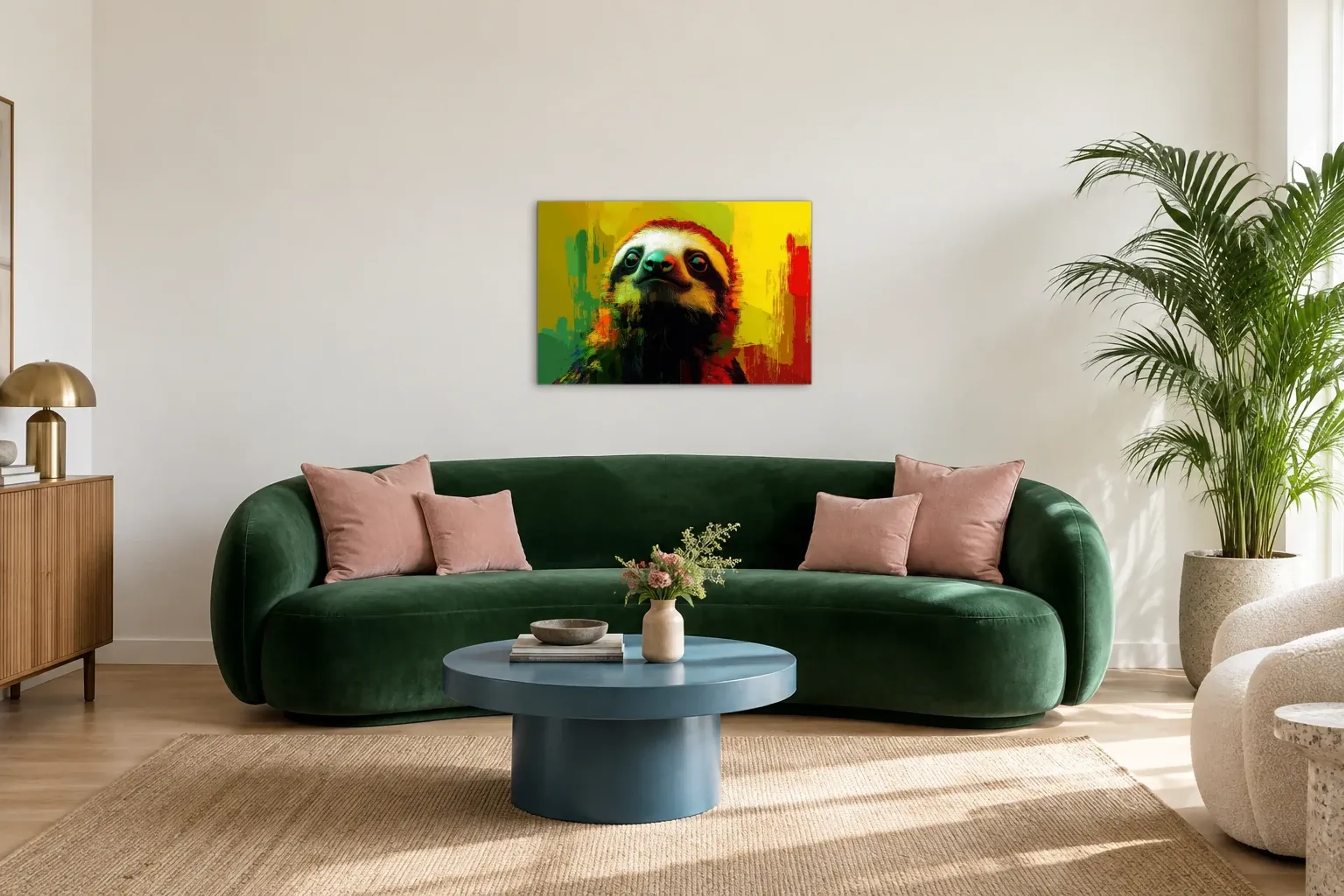 Faultier vor Sonnengelb als Wandbild über einem 220-cm-Sofa