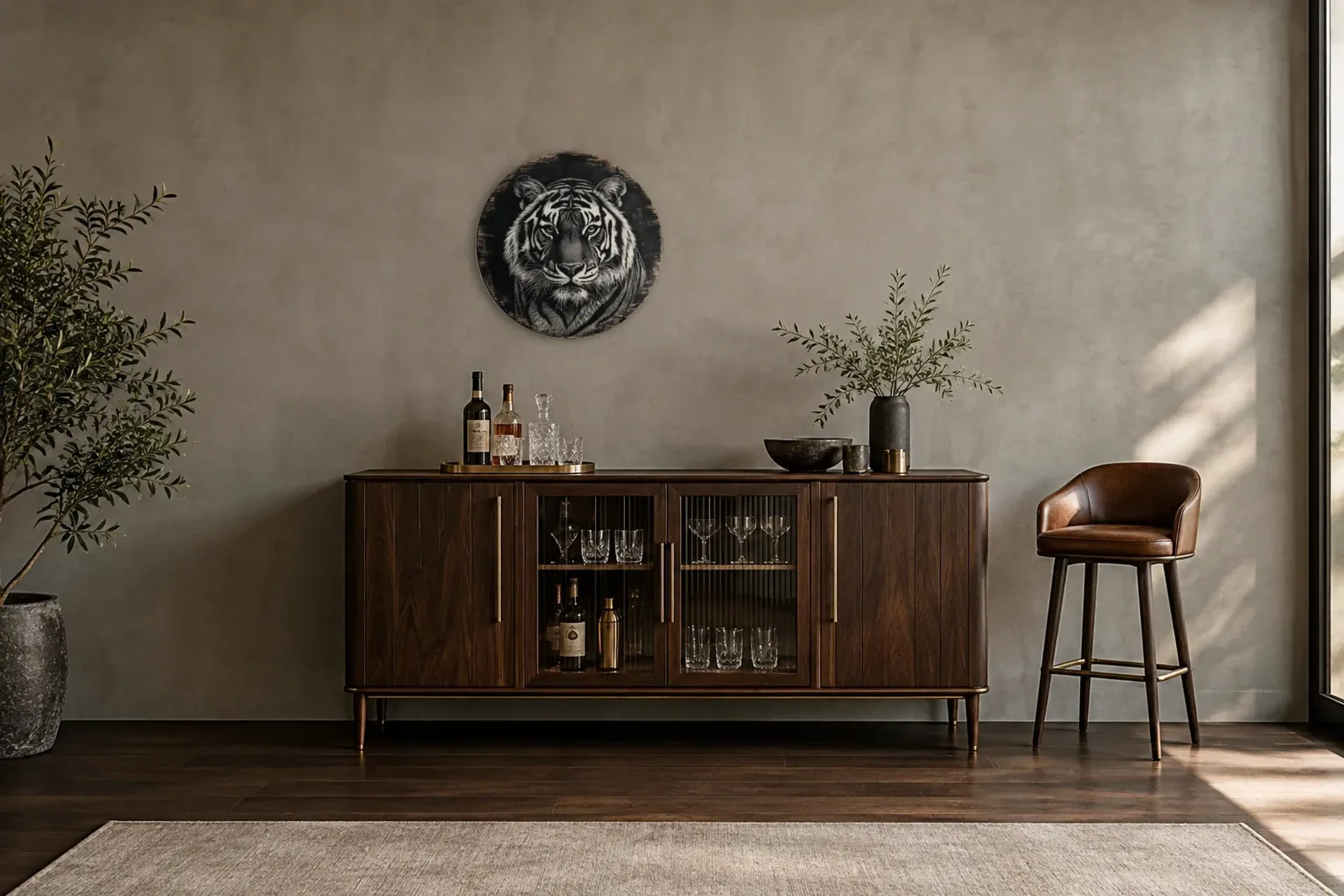 Tiger als Wandbild über einem 150-cm-Barschrank