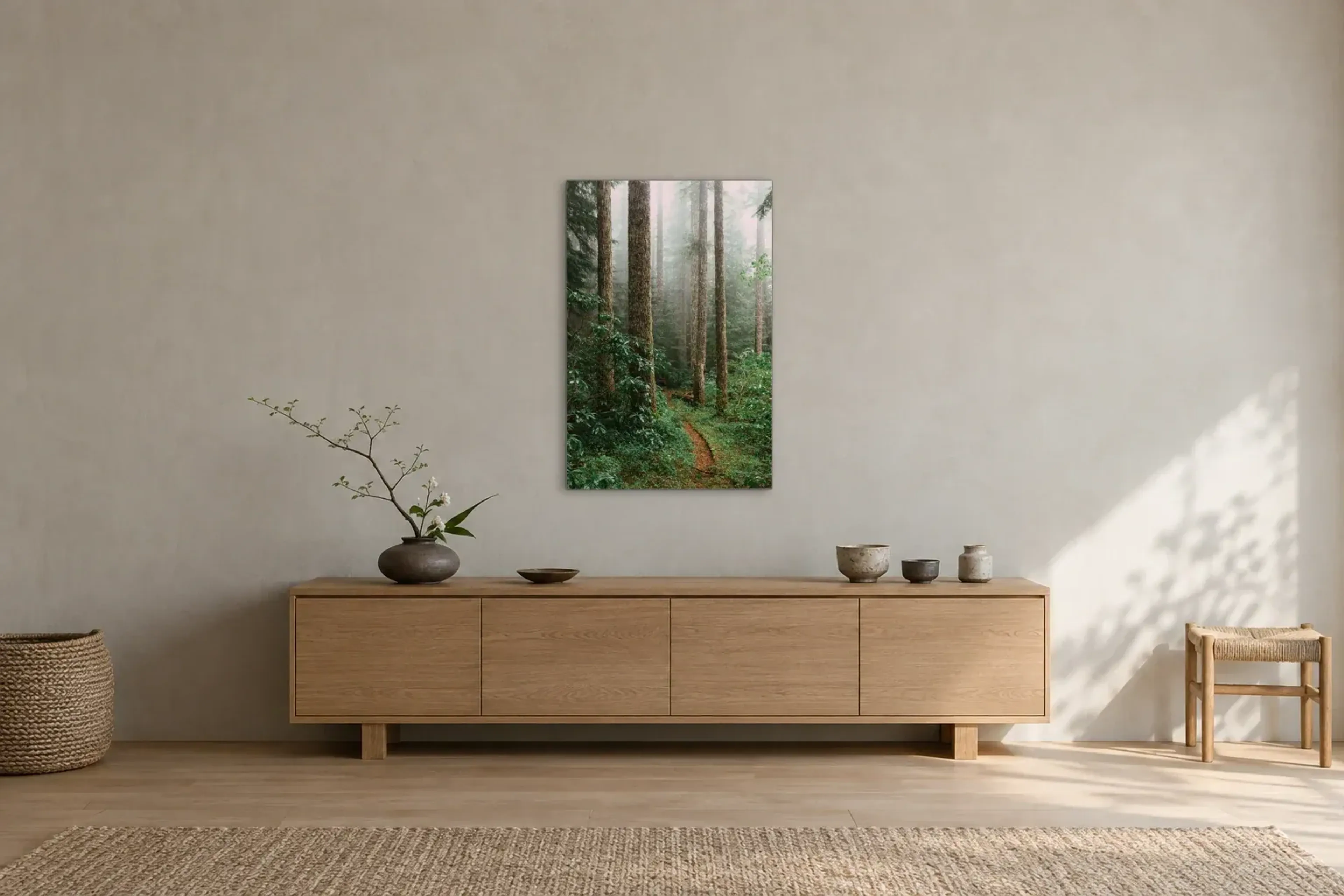 Waldpfad im Nebel als Wandbild über einem 180-cm-Sideboard