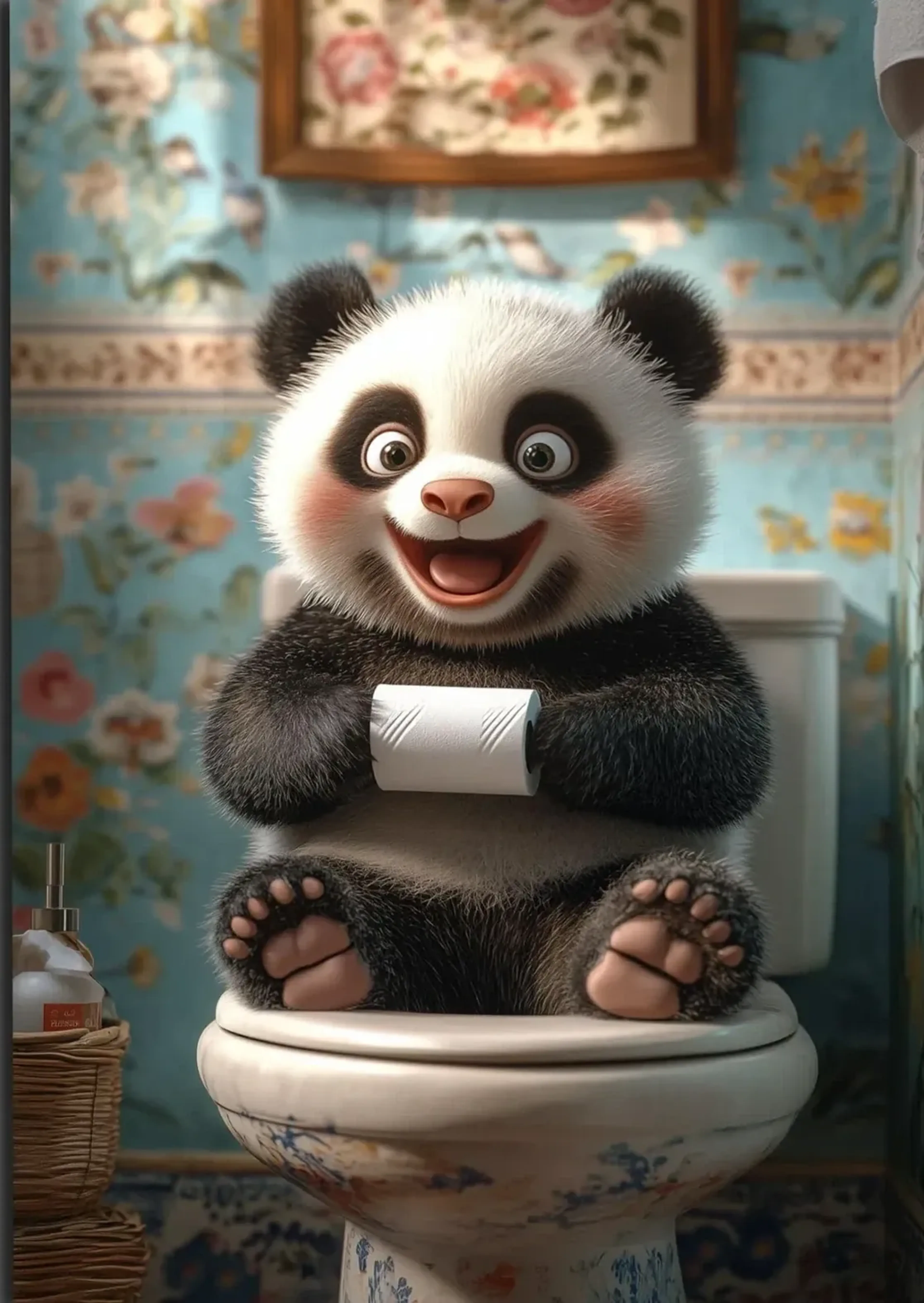 Panda im Blumenbad – Motiv als Wandbild auf Holz