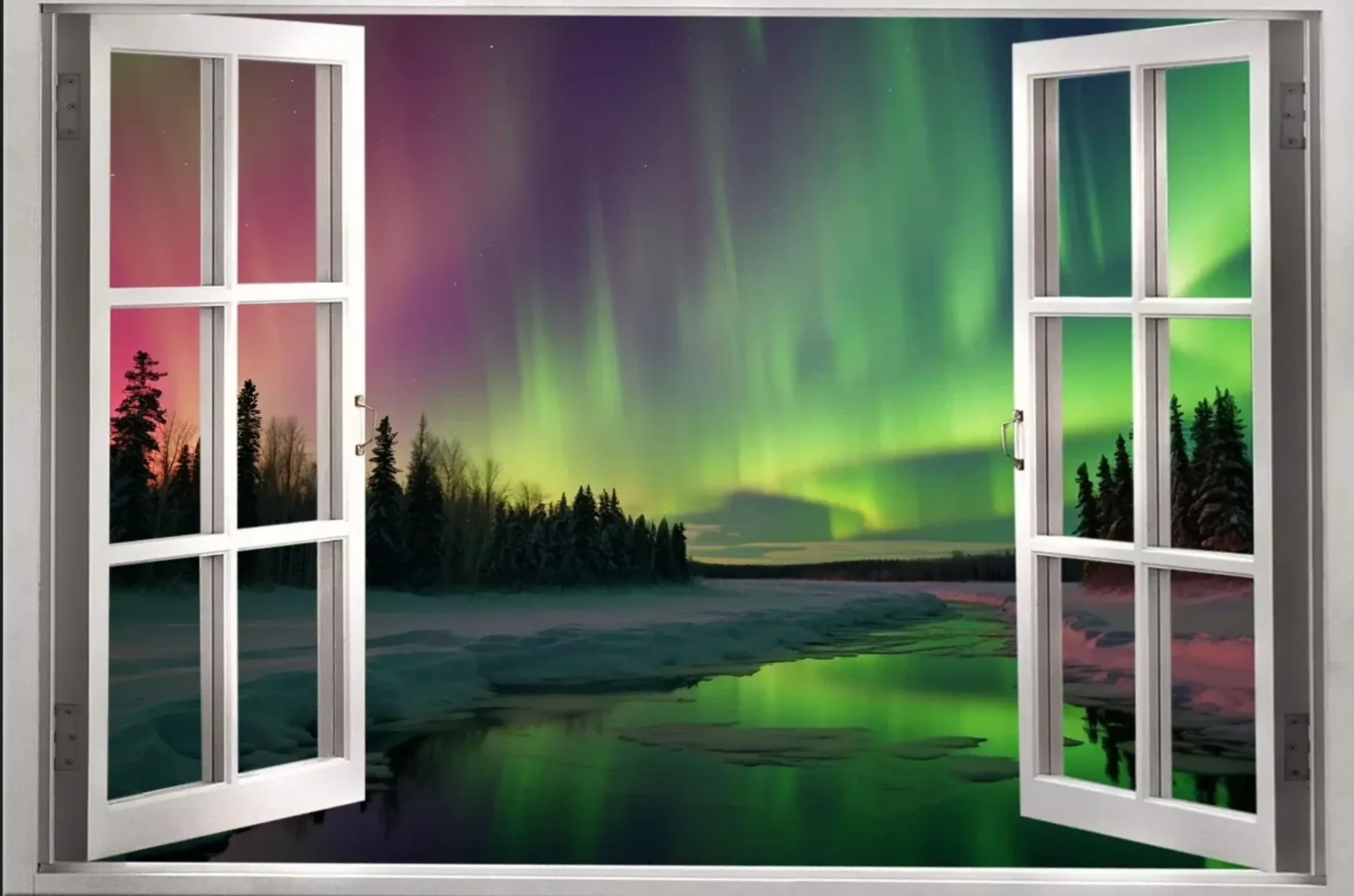 Grüne und rosaviolette Polarlichter über Wald, Schnee und Wasser, eingerahmt von offenen weißen Fensterflügeln.