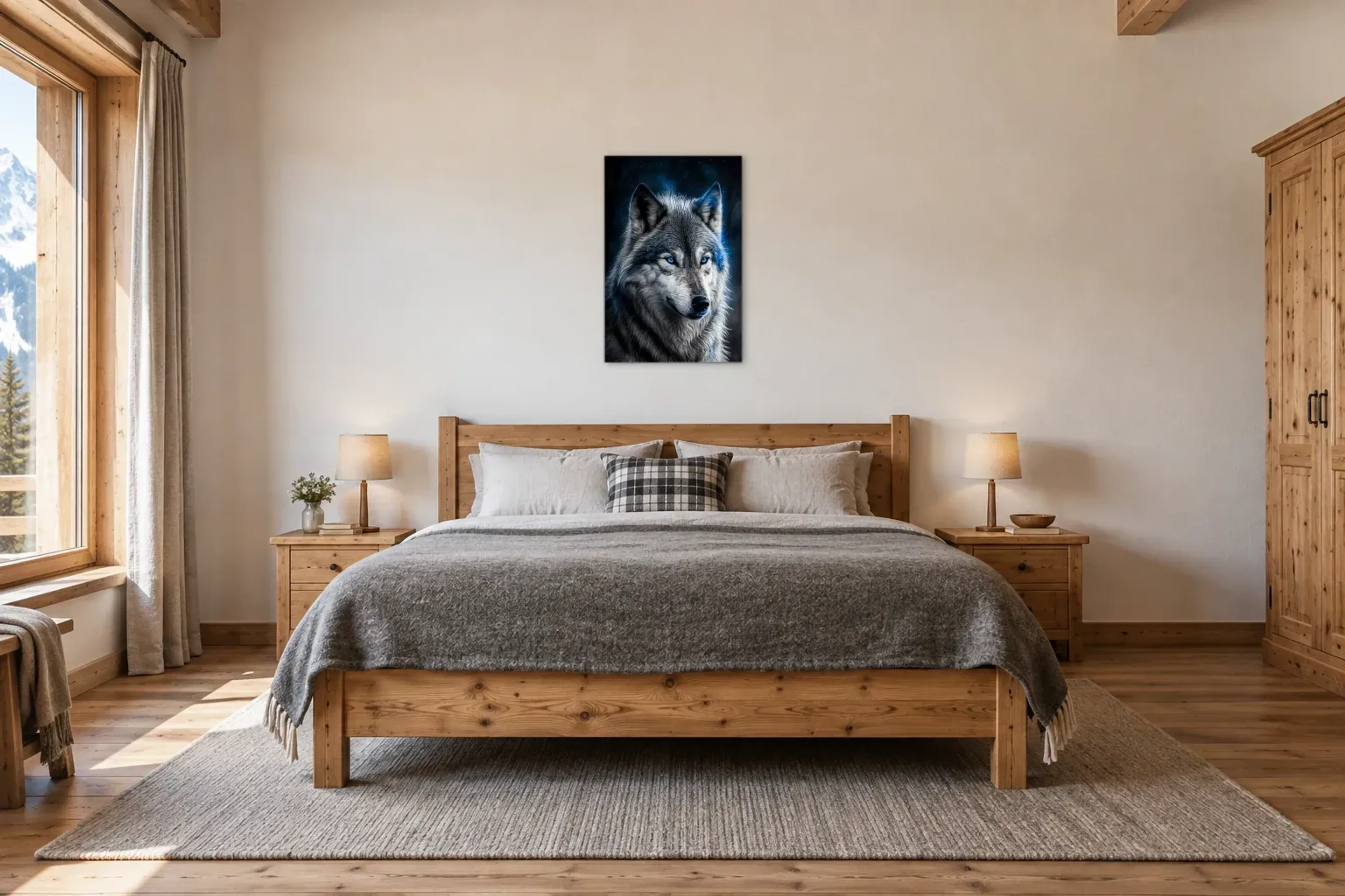 Mystischer Wolf als Wandbild über einem 180-cm-Bett