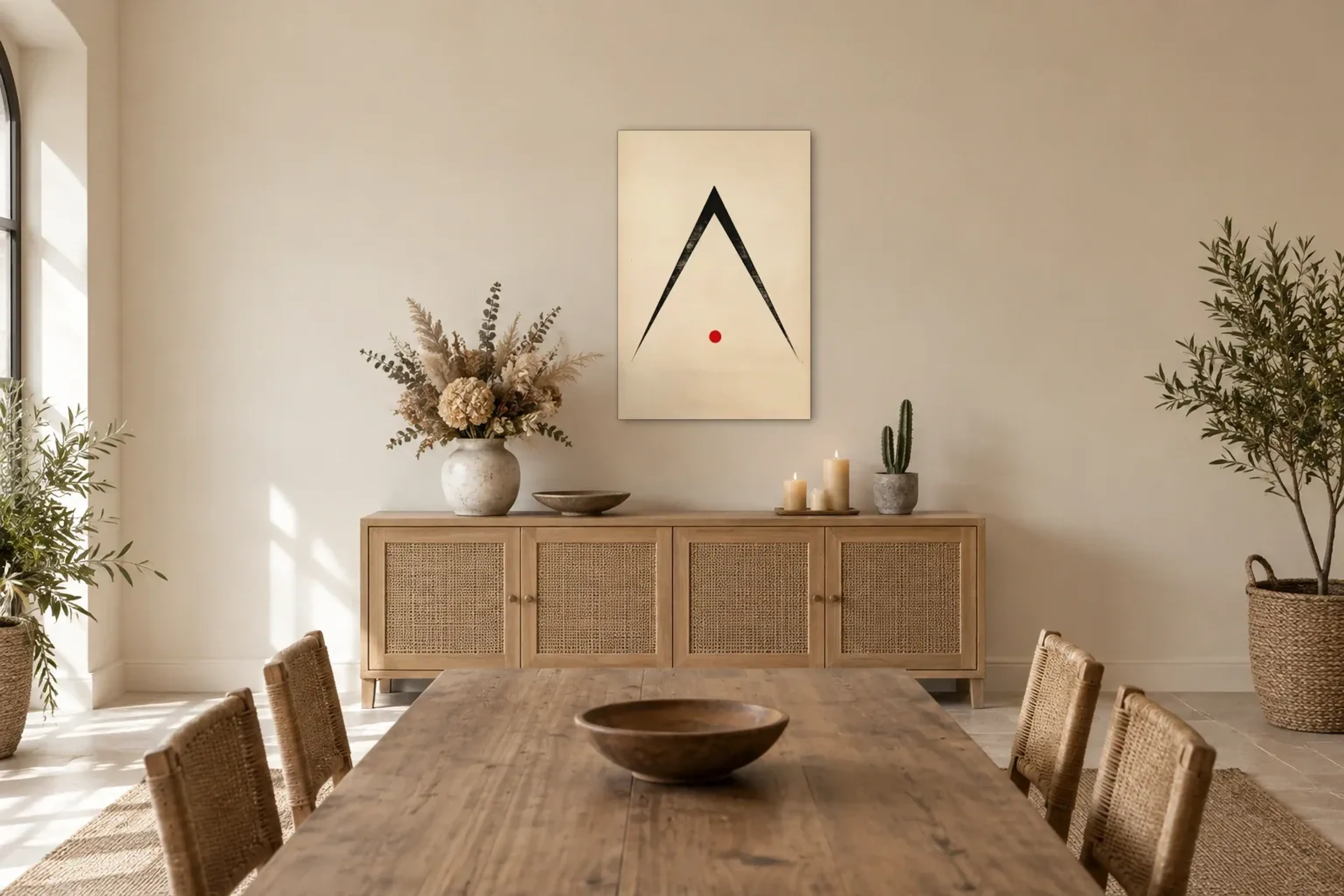 Winkel mit rotem Punkt als Wandbild über einem 160-cm-Sideboard
