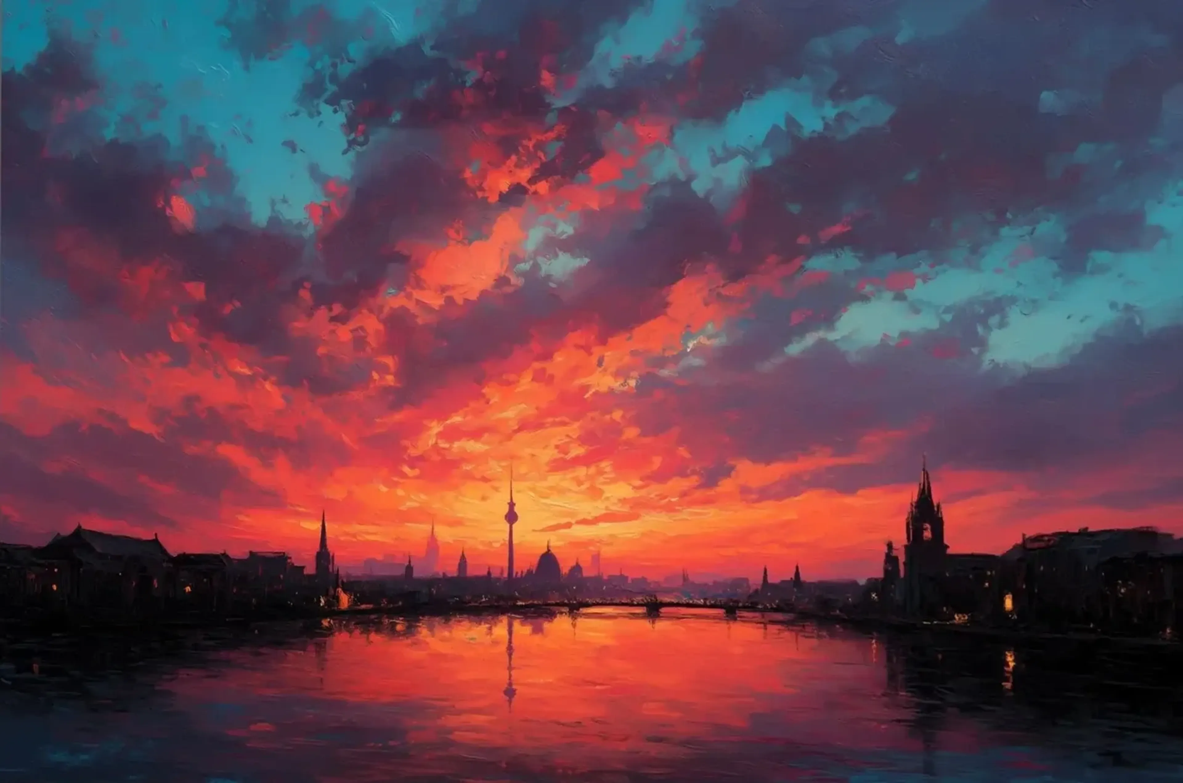 Dunkle Berliner Stadtsilhouette vor rotorangefarbenem Himmel, der sich mit dem Fernsehturm im Wasser spiegelt.
