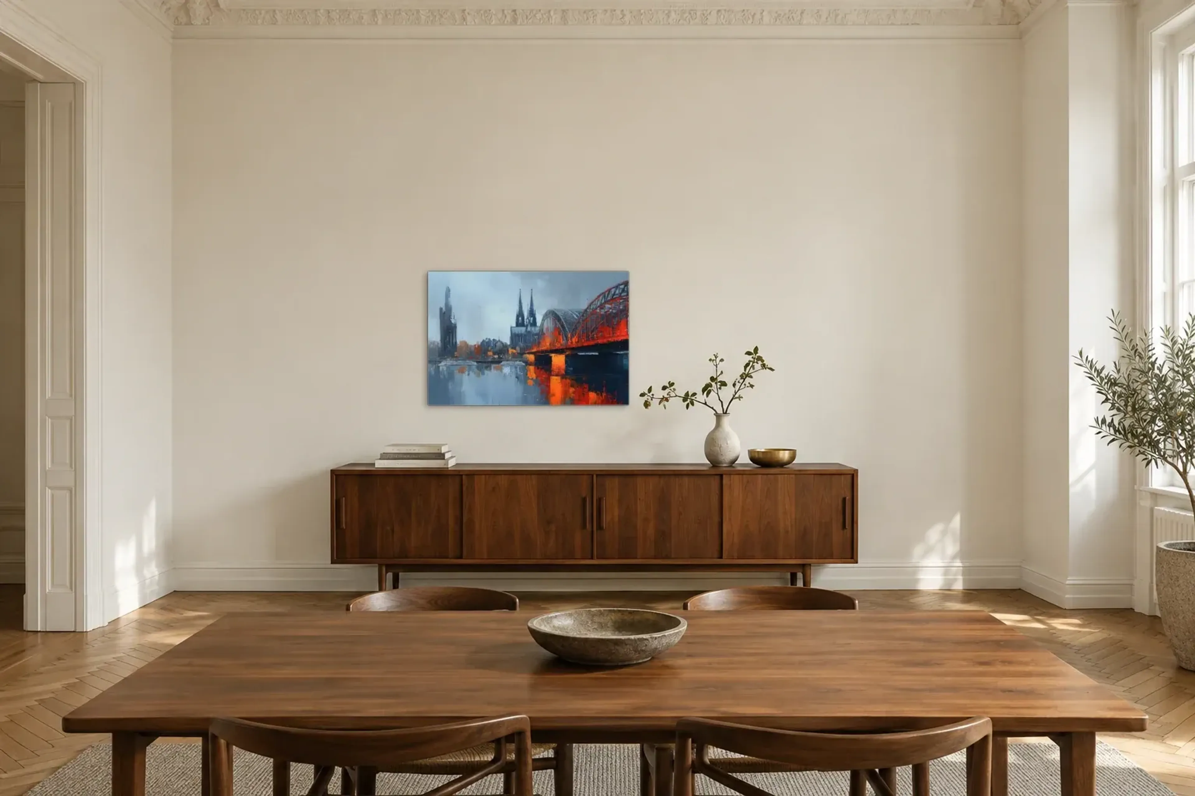 Köln mit roter Brücke als Wandbild über einem 200-cm-Sideboard