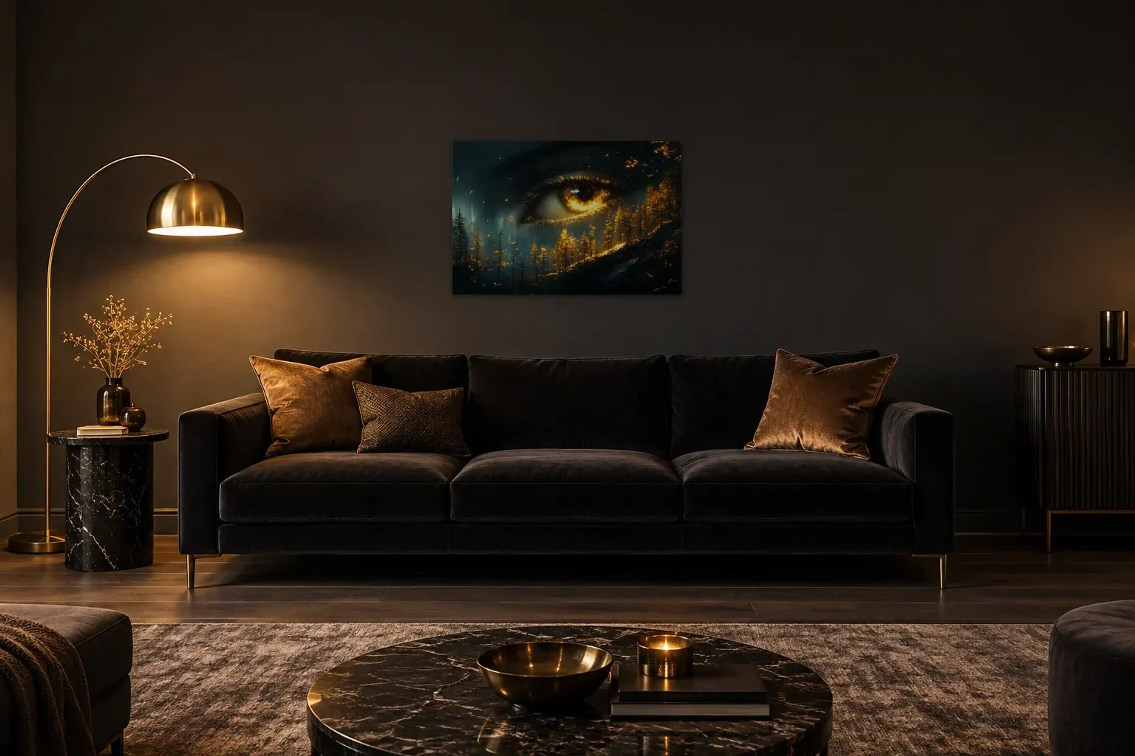 Feuerblick als Wandbild über einem 220-cm-Sofa