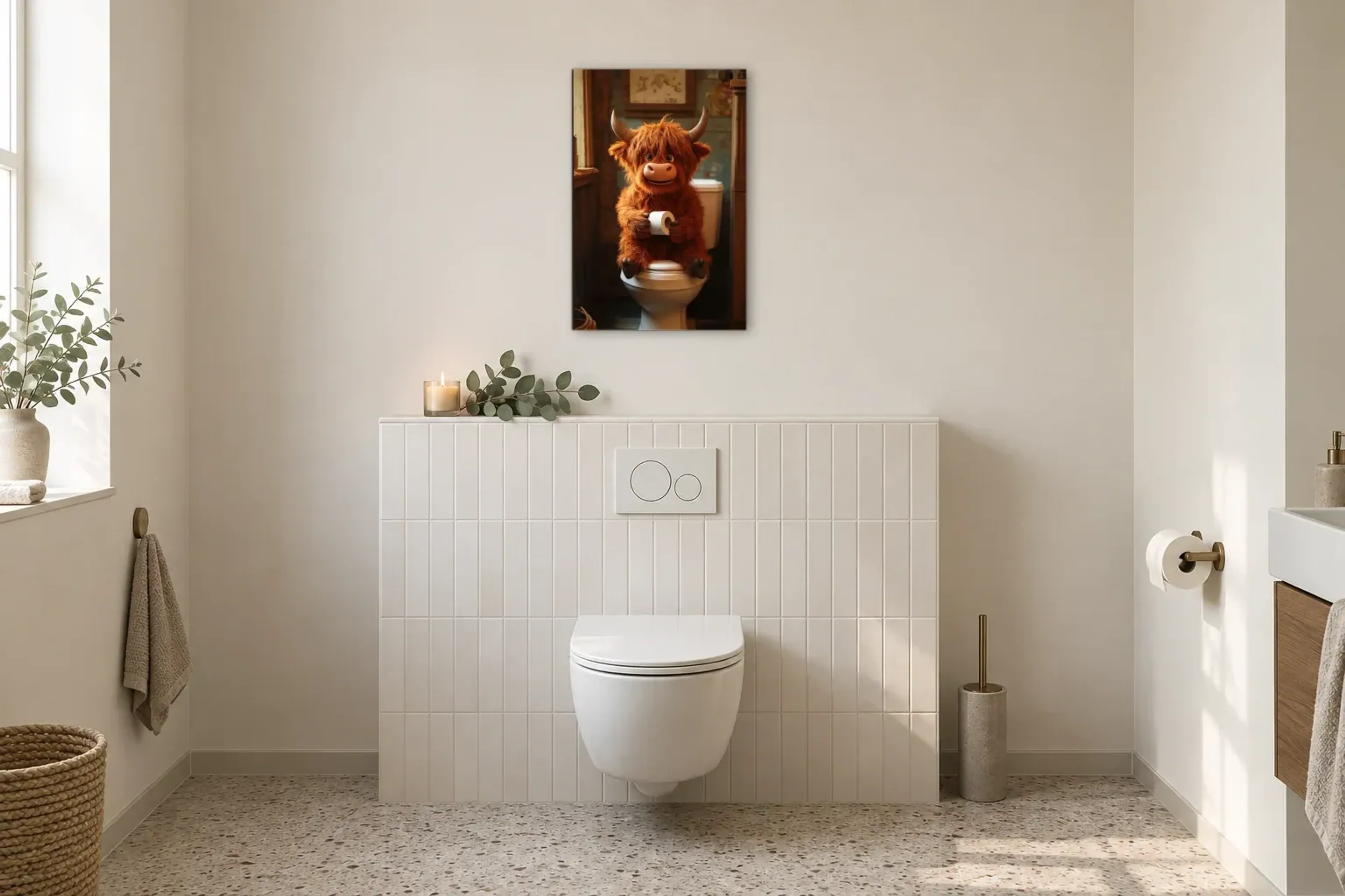 Hochlandrind im nostalgischen Bad als Wandbild im Gäste-WC