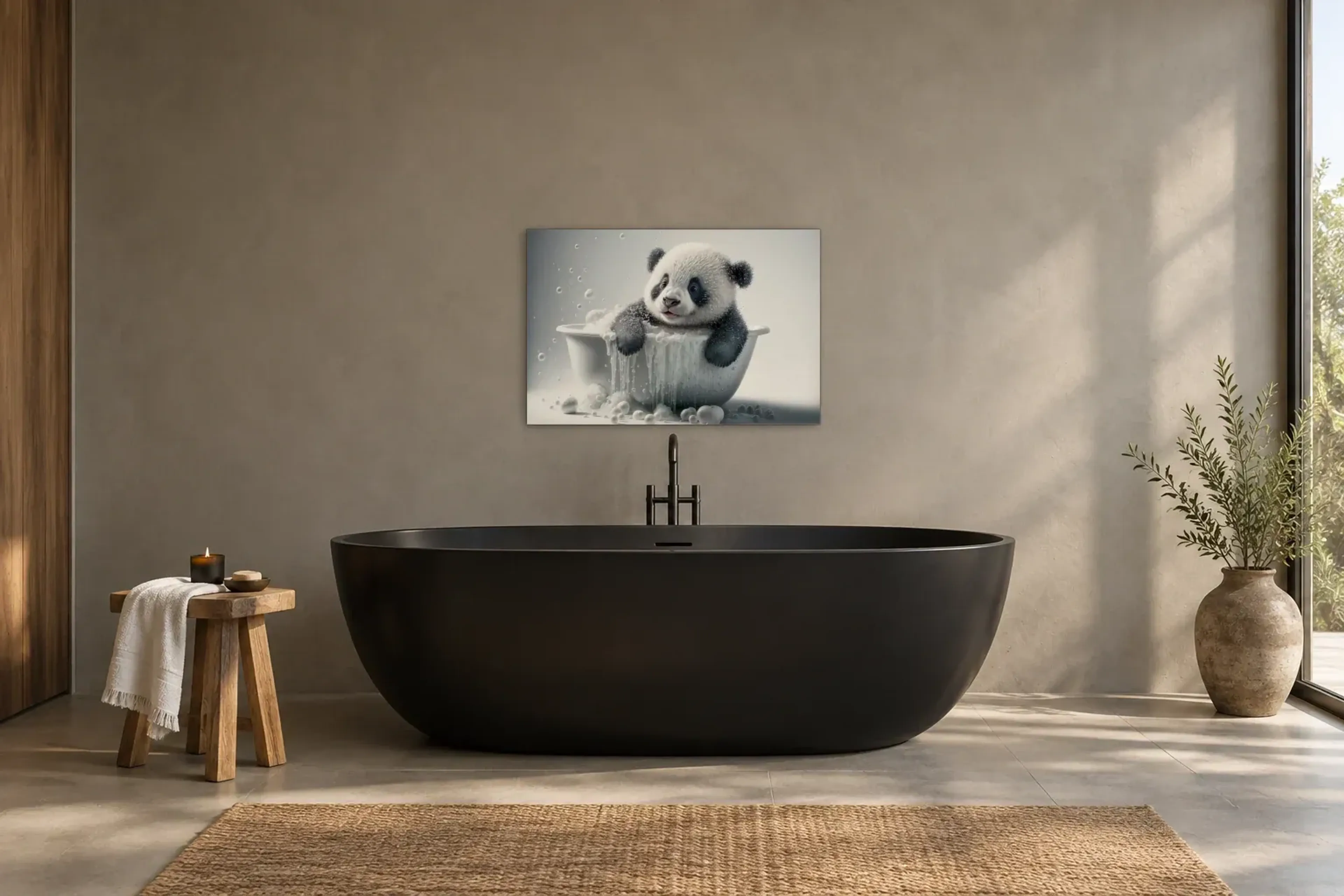 Panda zwischen Seifenblasen als Wandbild über einer 170-cm-Badewanne