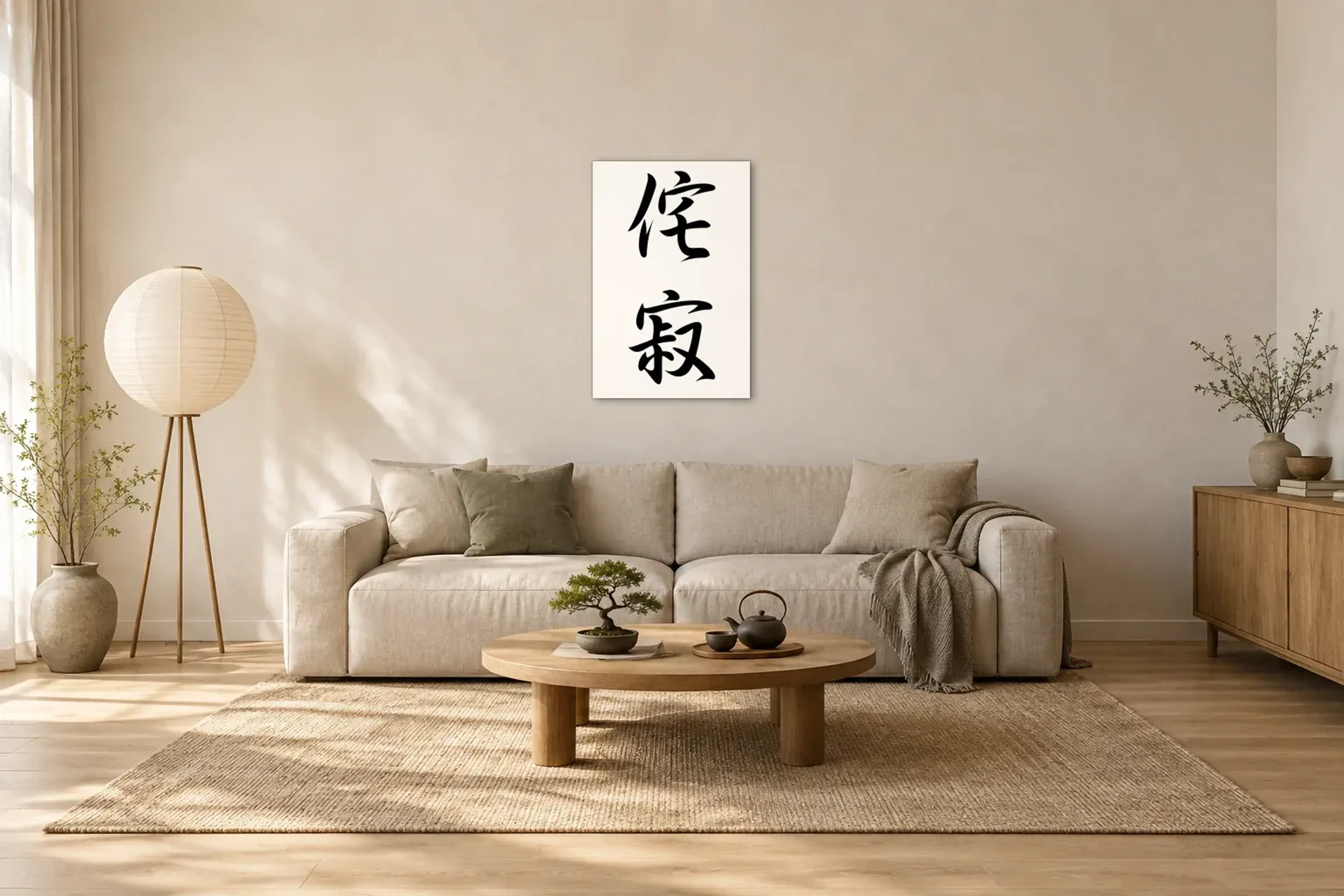 Zeichen im Gleichgewicht als Wandbild über einem 220-cm-Sofa