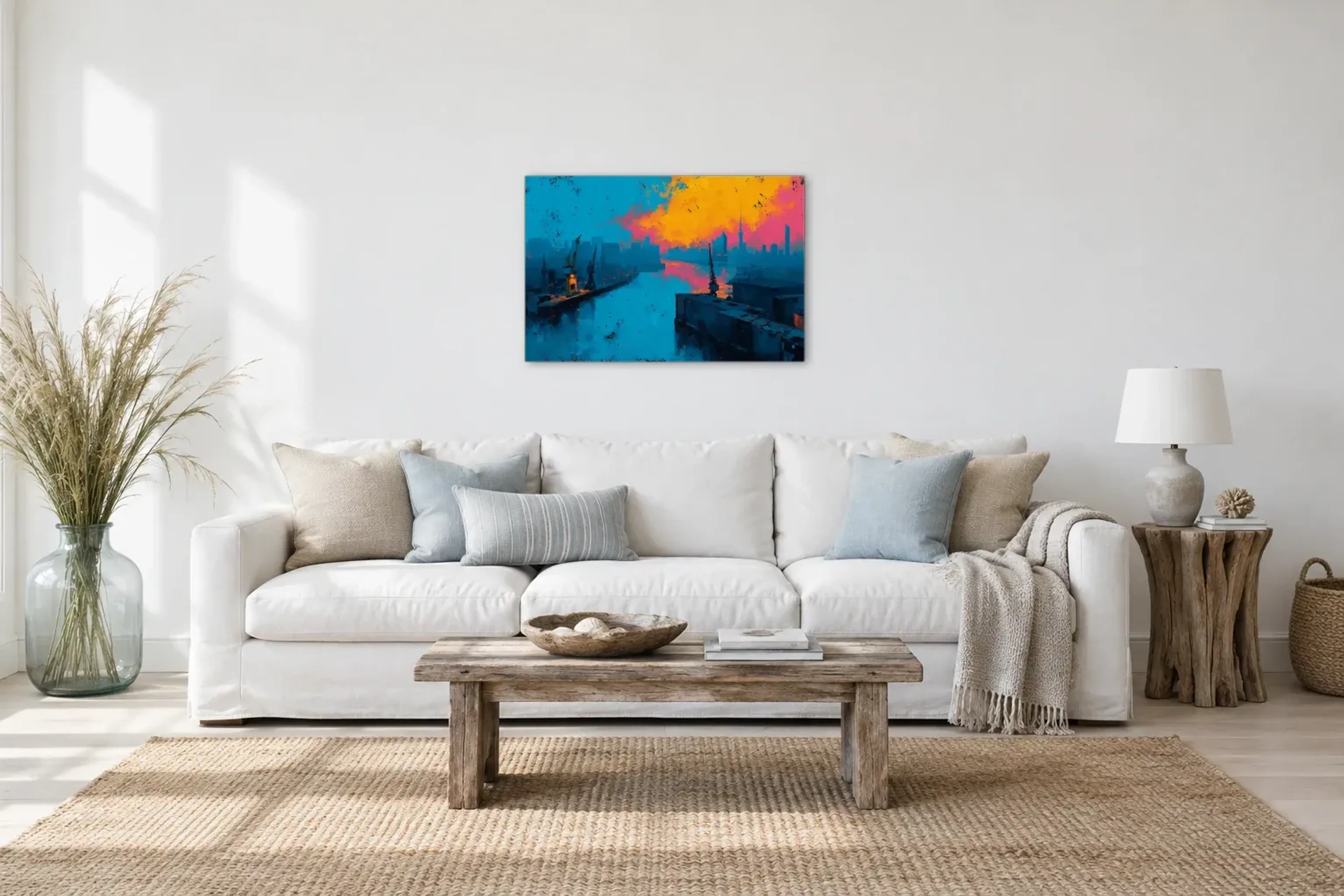 Hamburg in Türkis als Wandbild über einem 220-cm-Sofa