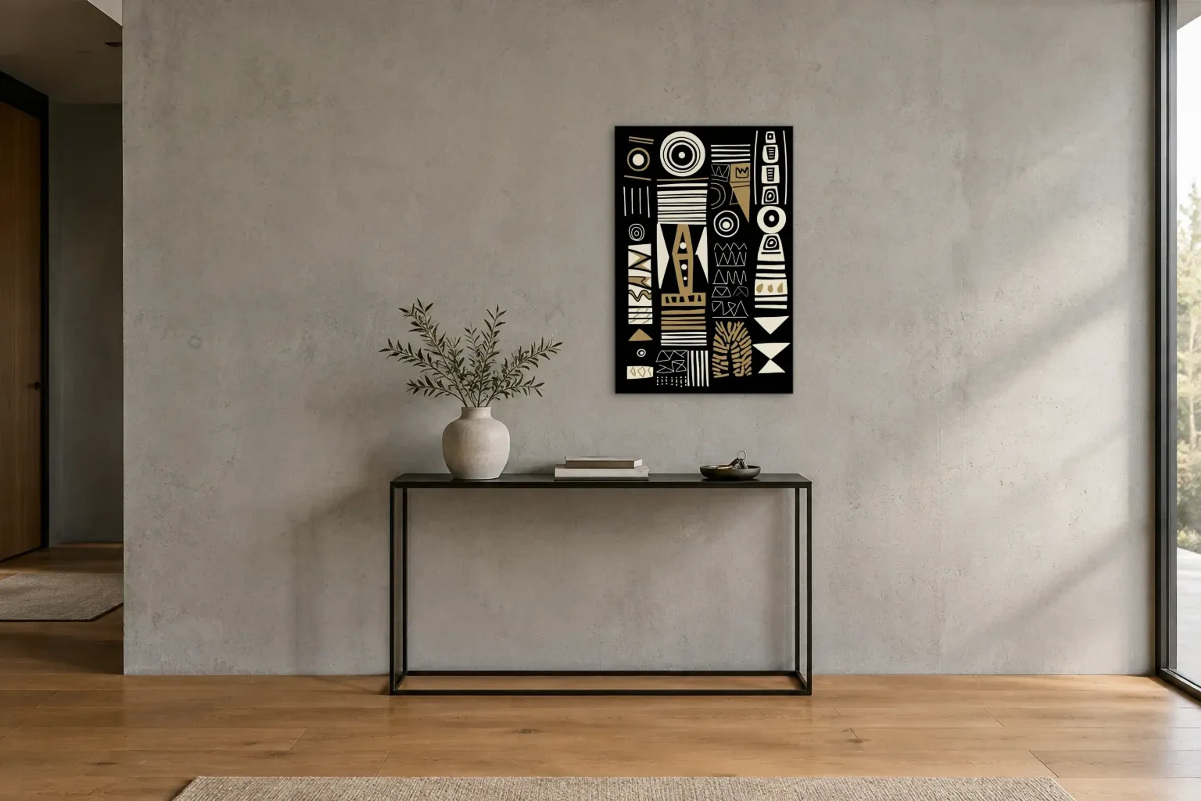 Zeichen auf Schwarz als Wandbild über einer 120-cm-Konsole