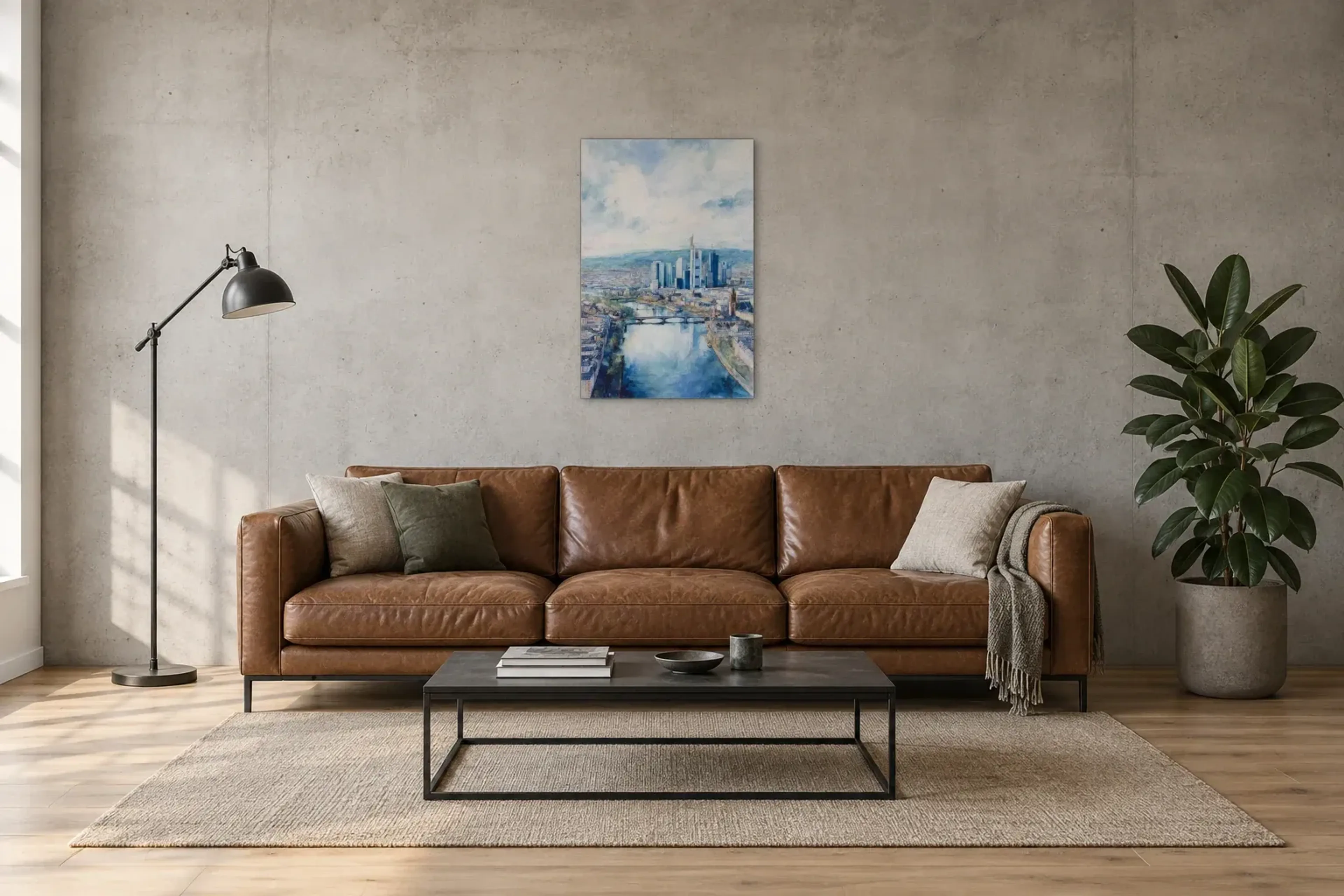 Frankfurt aus der Vogelperspektive als Wandbild über einem 220-cm-Sofa
