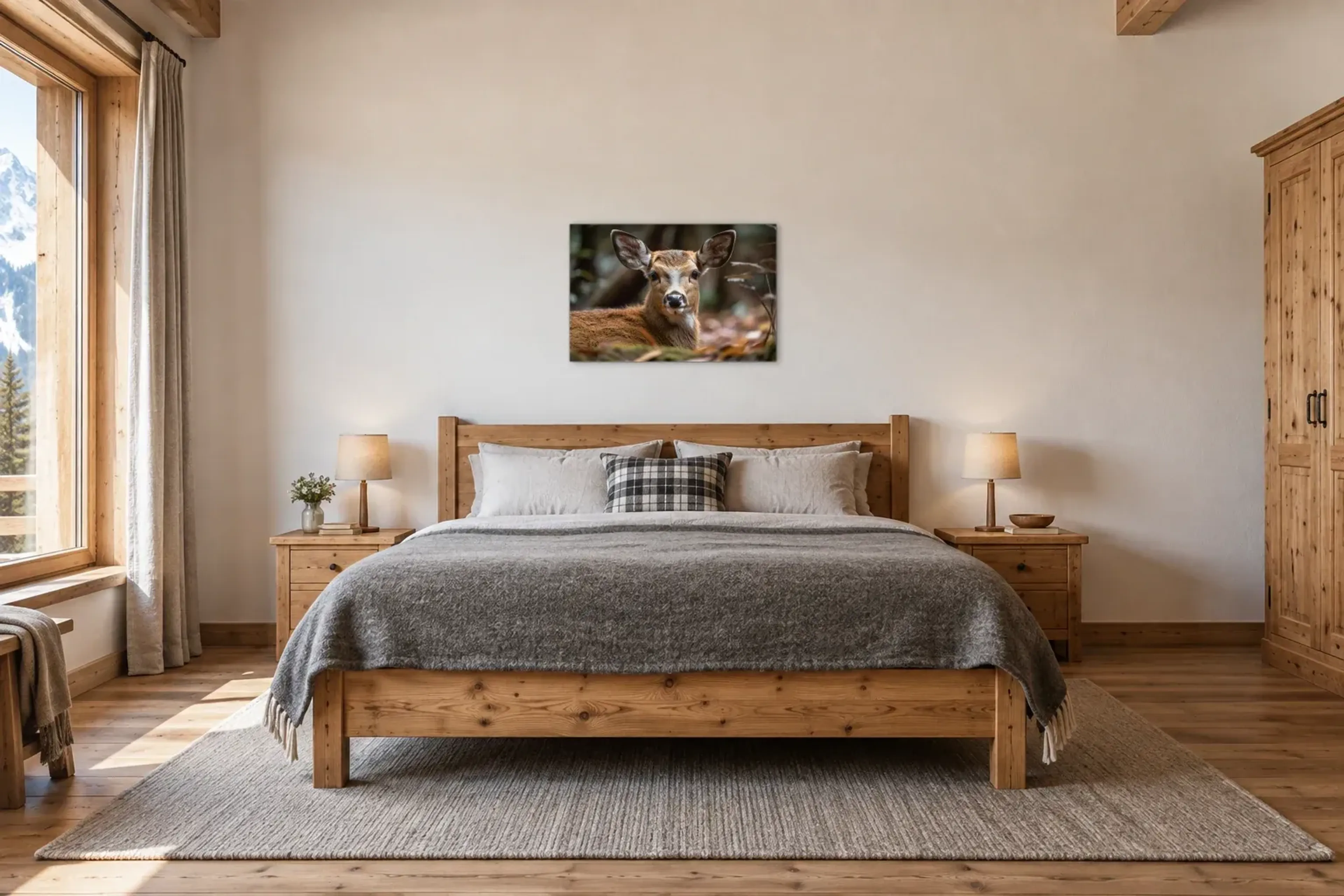 Hirschkuh frontal als Wandbild über einem 180-cm-Bett