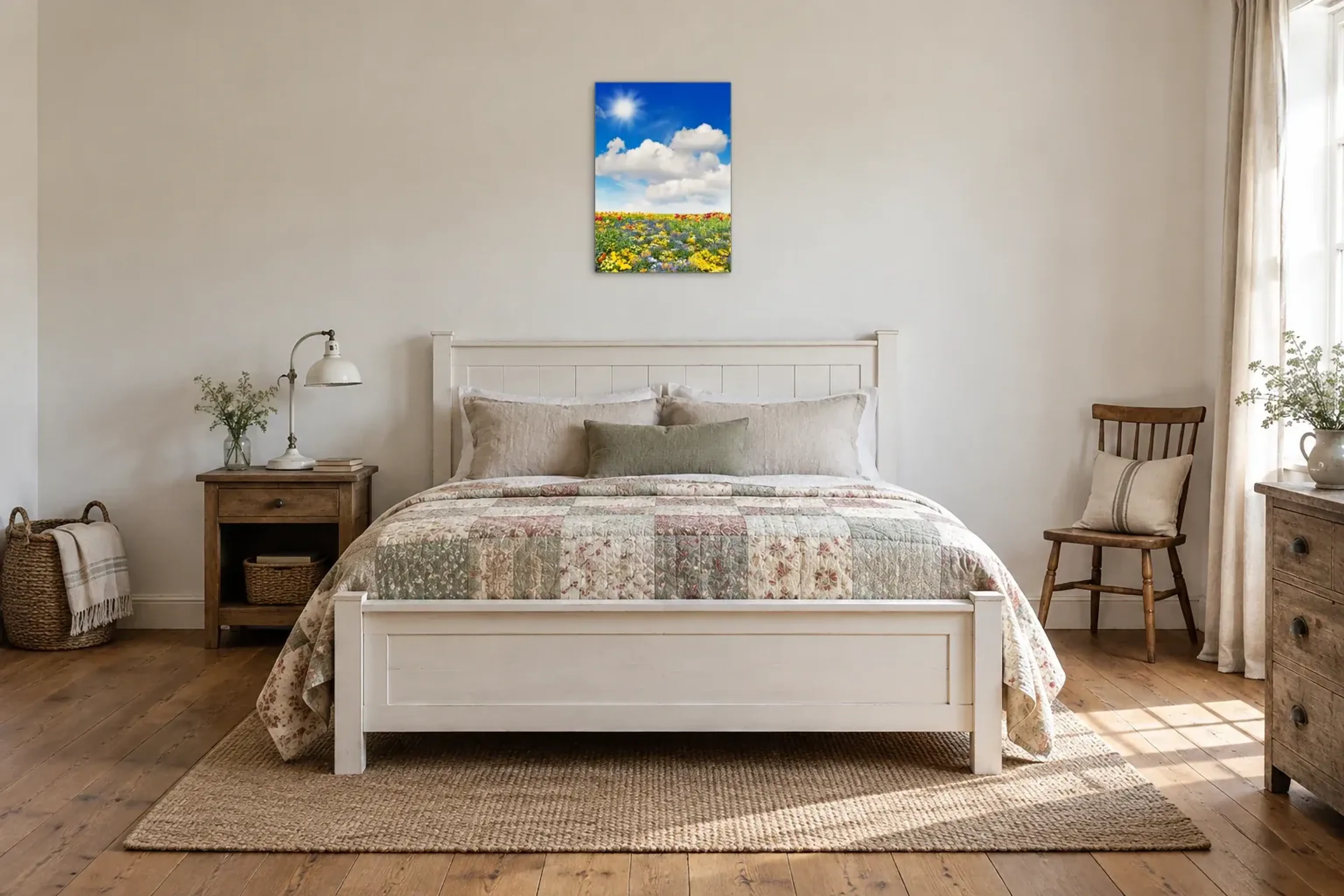 Blumenwiese im Sonnenschein als Wandbild über einem 160-cm-Bett