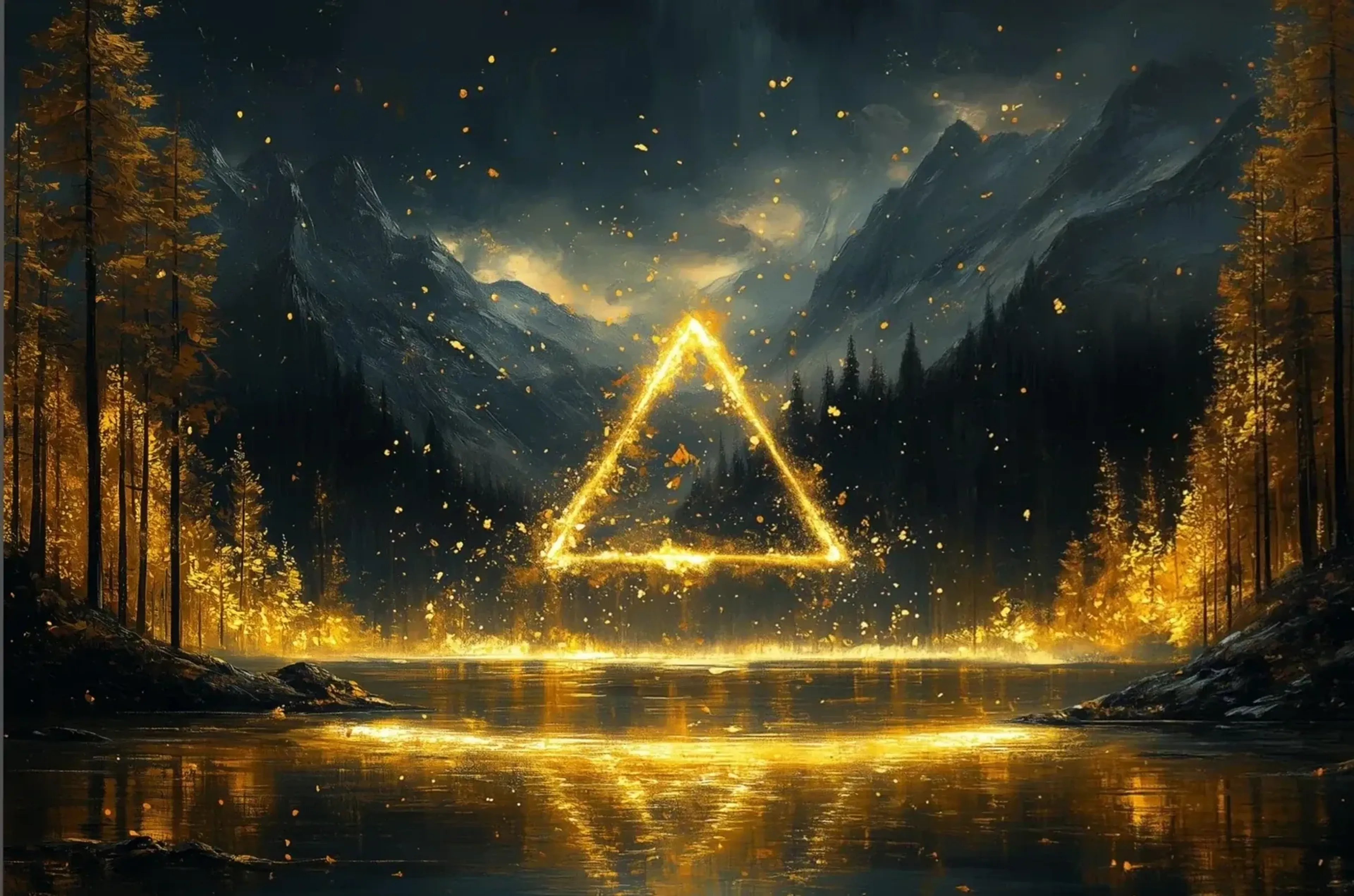Ein goldenes Lichtdreieck schwebt über einem See mit leuchtendem Ring, eingerahmt von Wald und Bergen.