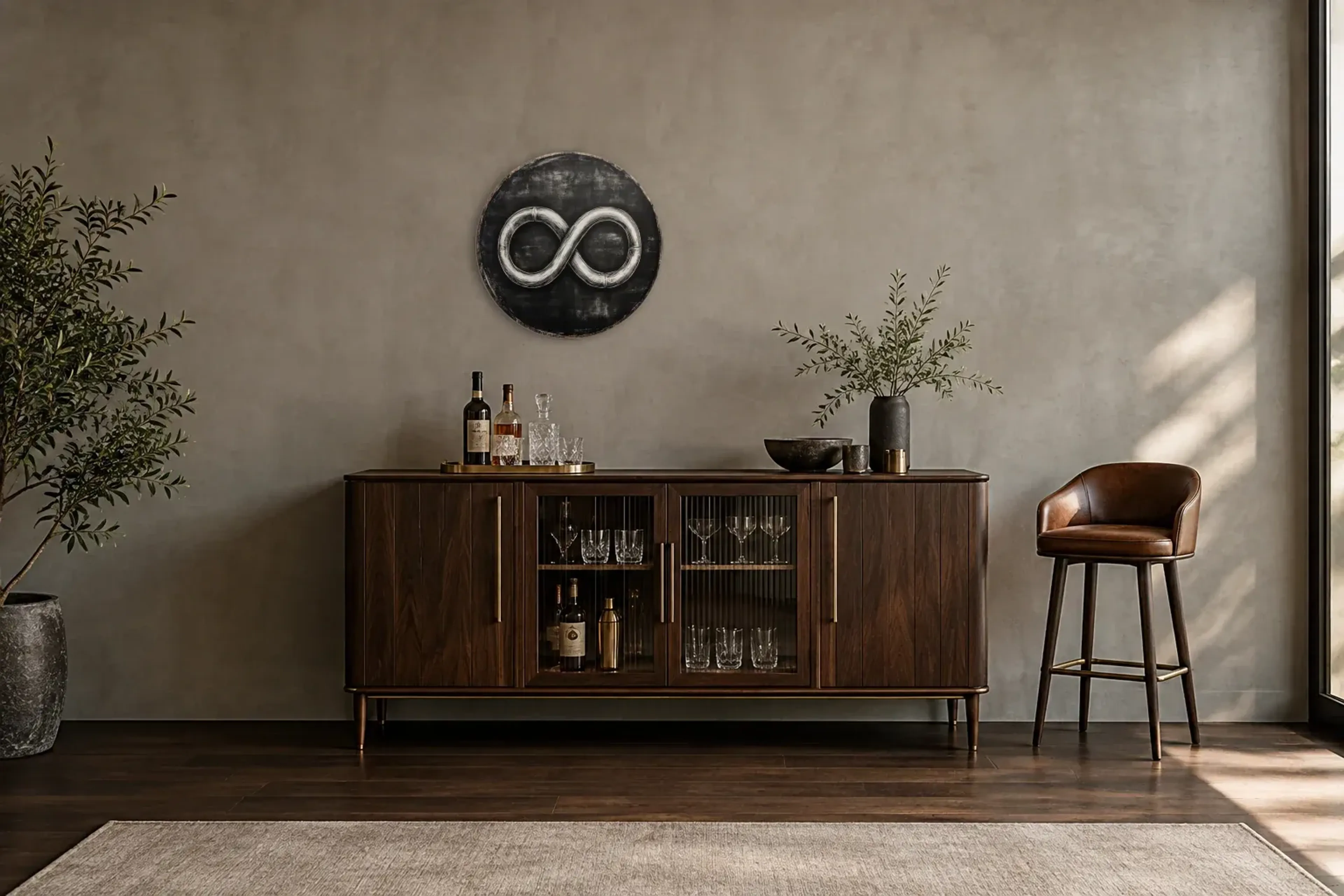 Infinity als Wandbild über einem 150-cm-Barschrank