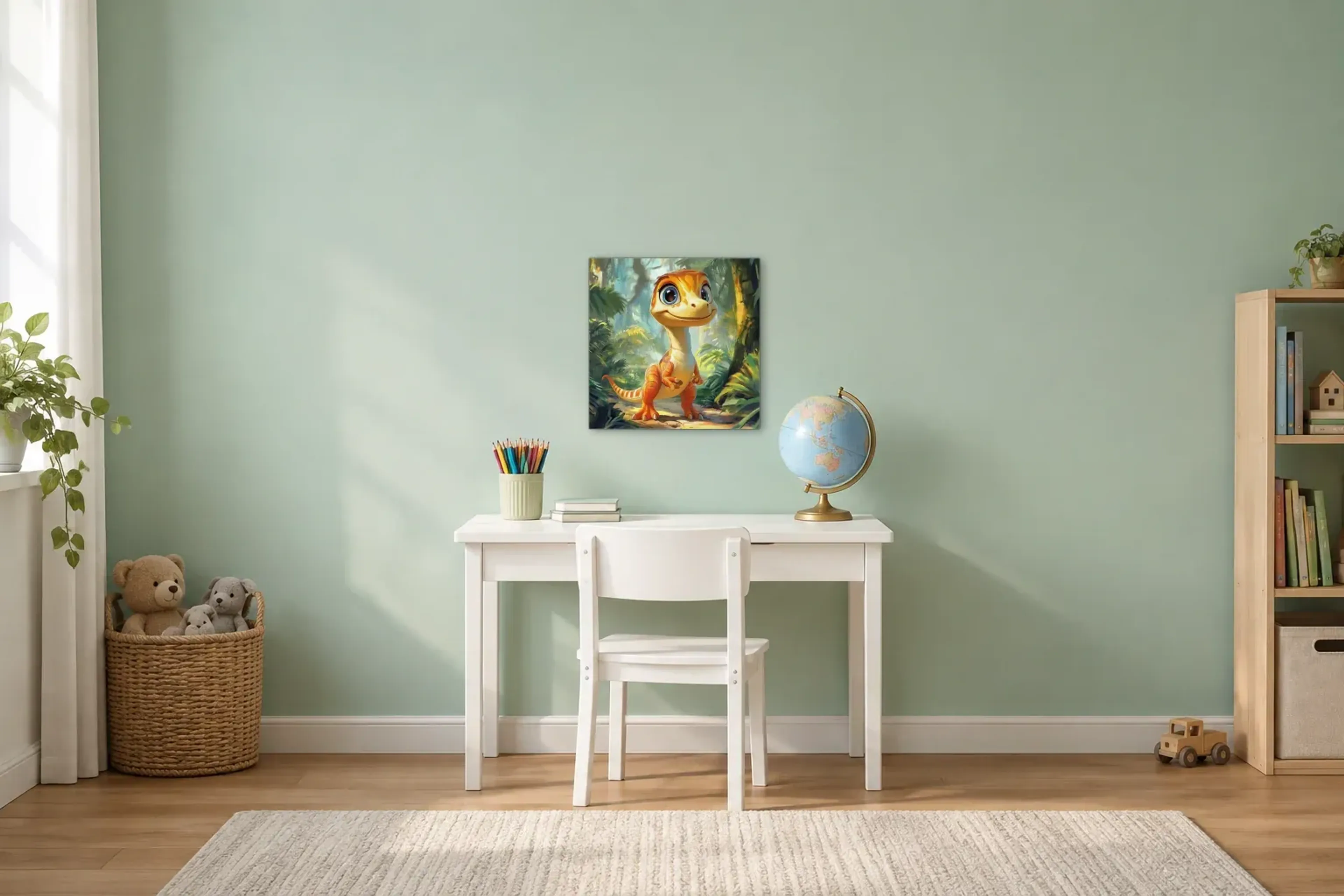 Oranger Dino im Dschungel als Wandbild über einem 110-cm-Kinderschreibtisch