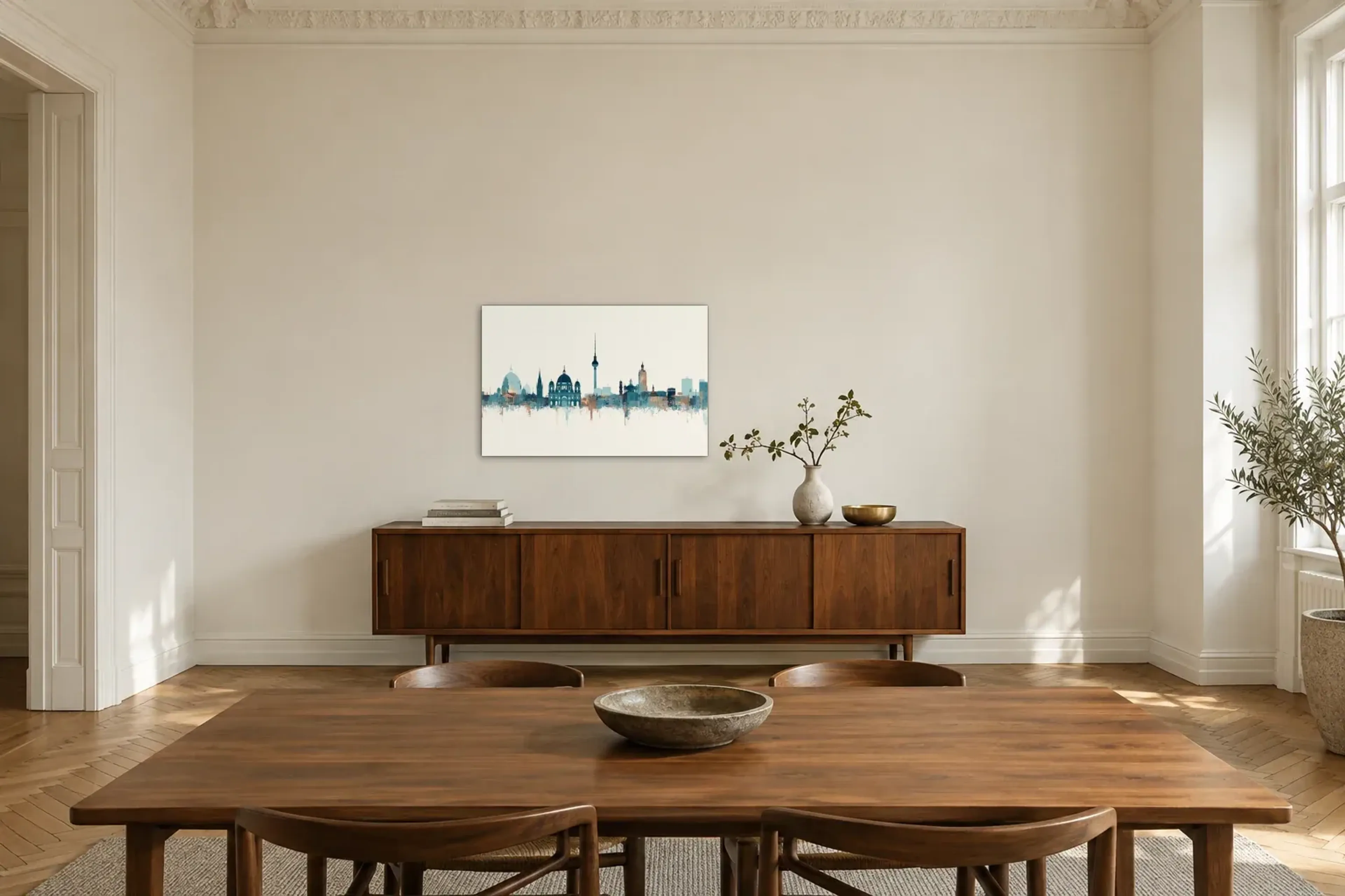 Berliner Konturen in Petrol als Wandbild über einem 200-cm-Sideboard