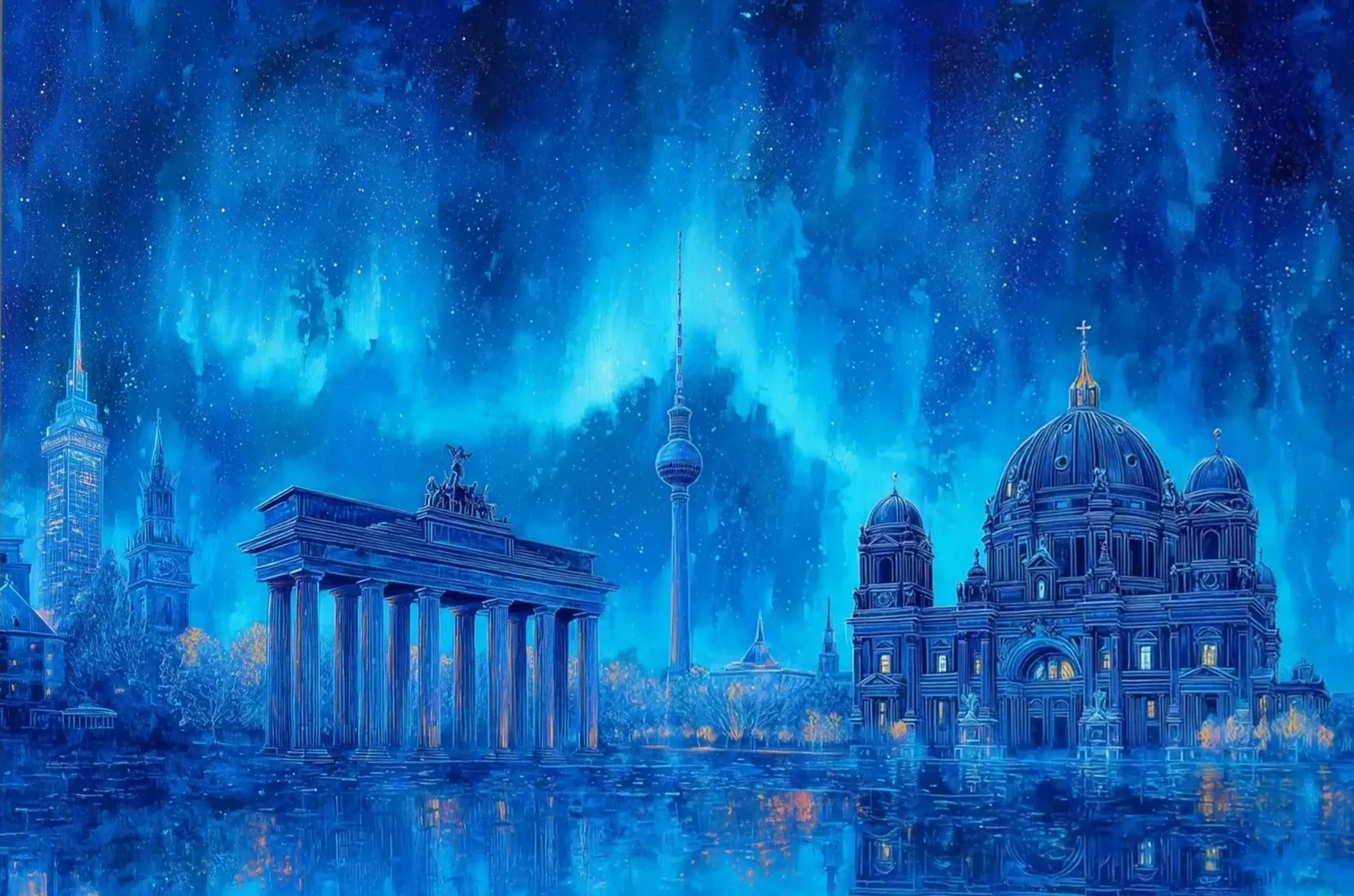 Brandenburger Tor, Fernsehturm und Berliner Dom unter blau-türkisen Lichtschleiern mit Spiegelungen im Wasser.