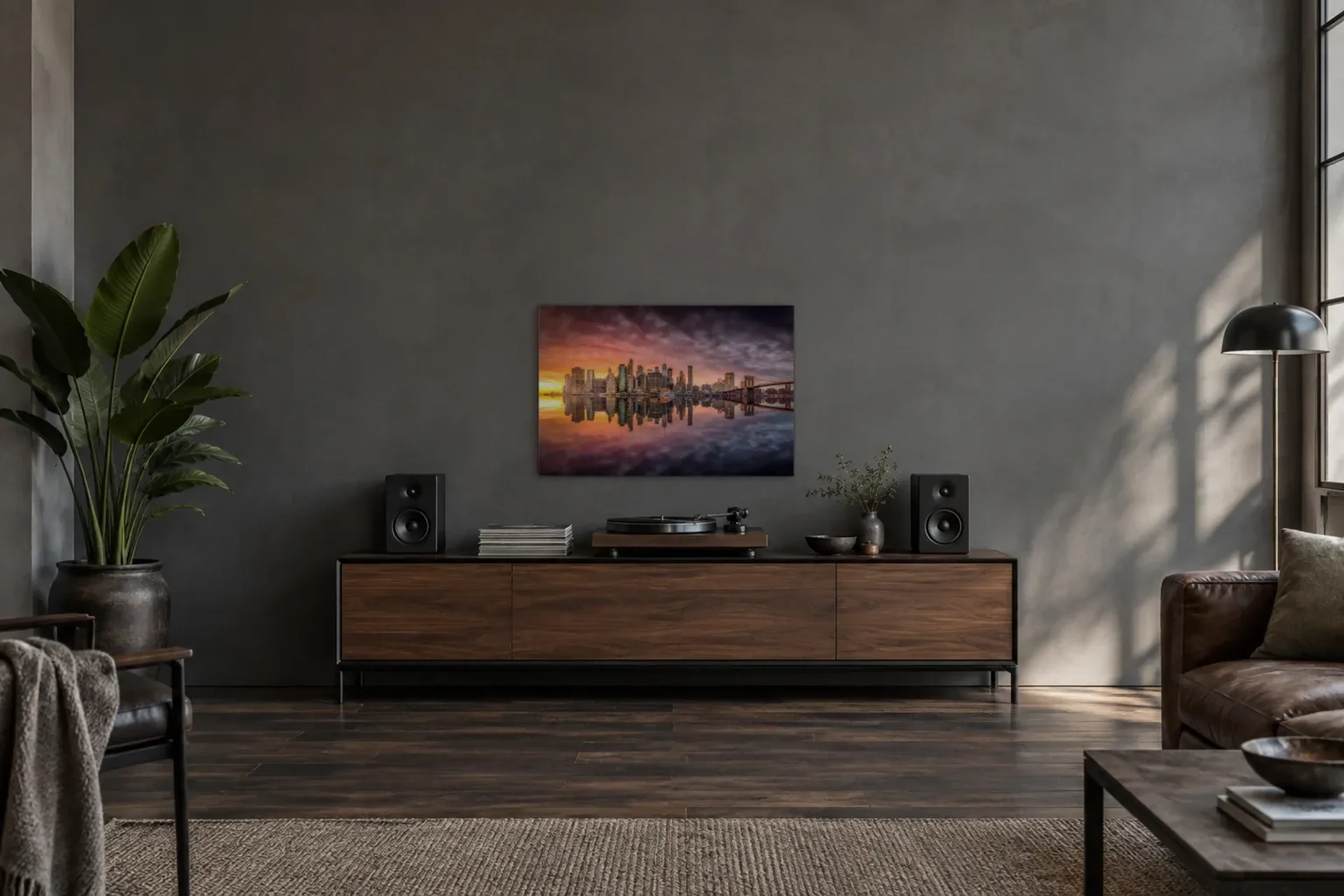 New York im Abendlicht als Wandbild über einem 200-cm-Sideboard