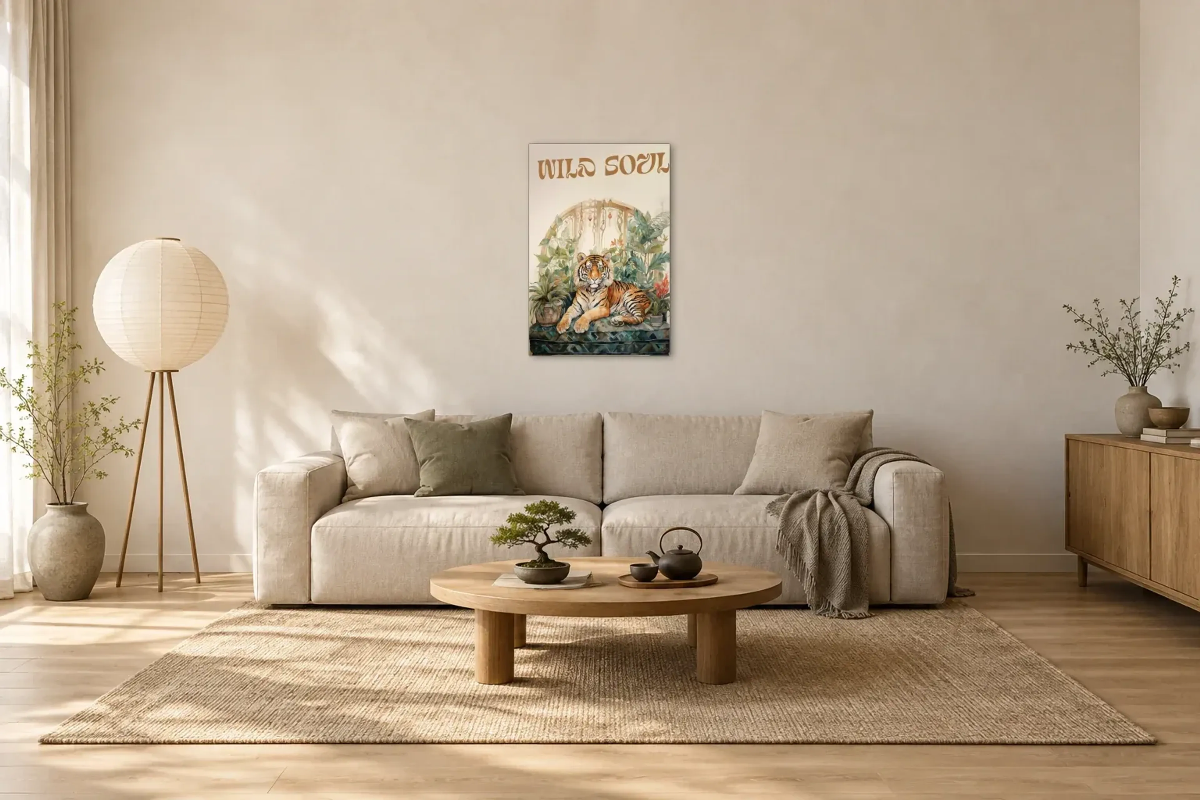 Tiger Wild Soul als Wandbild über einem 220-cm-Sofa