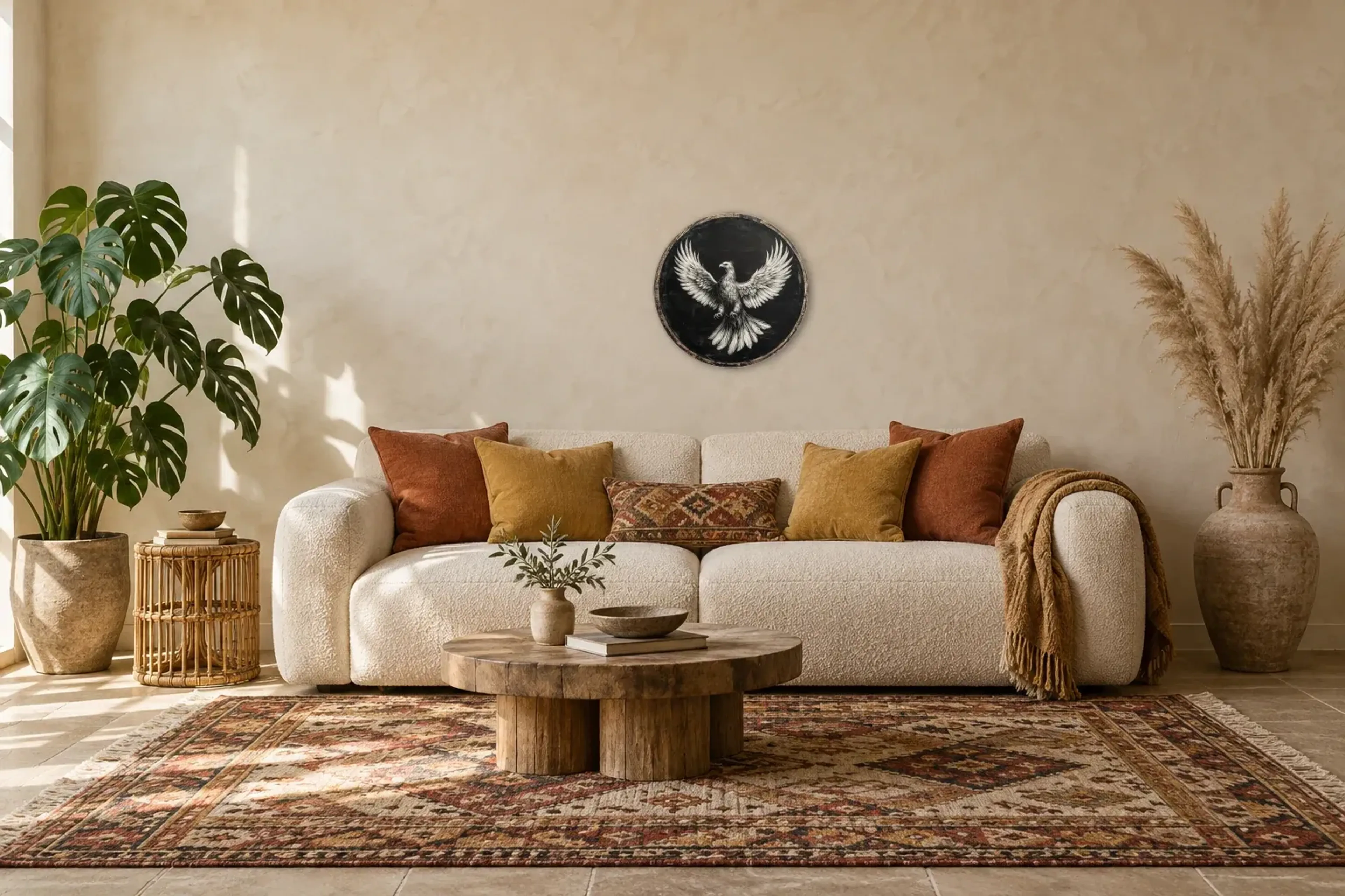 Phönix mit Schwingen als Wandbild über einem 220-cm-Sofa