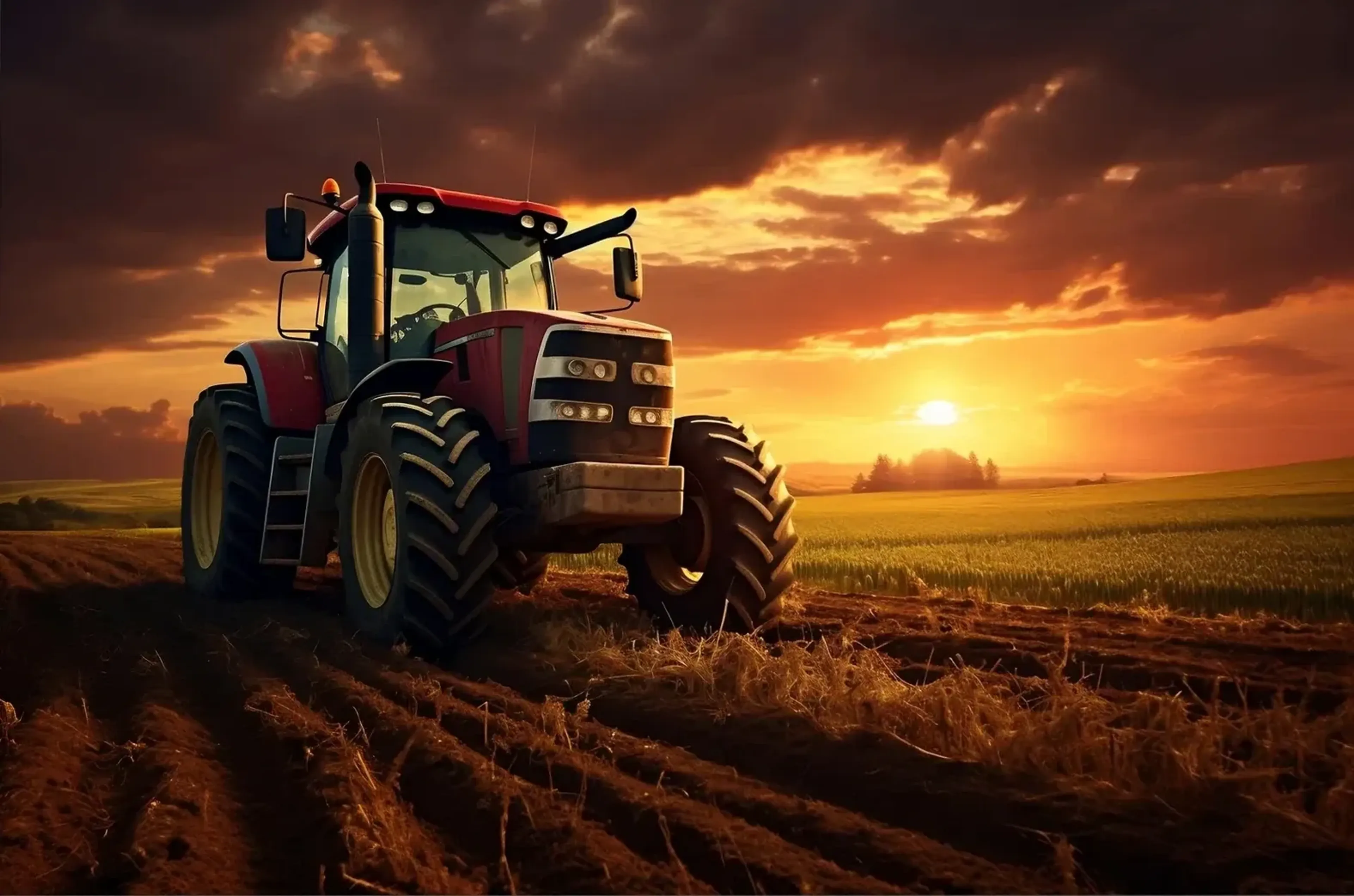 Ein roter Traktor steht auf einem gefurchten Acker vor der tief stehenden Sonne und dunklen Wolken.
