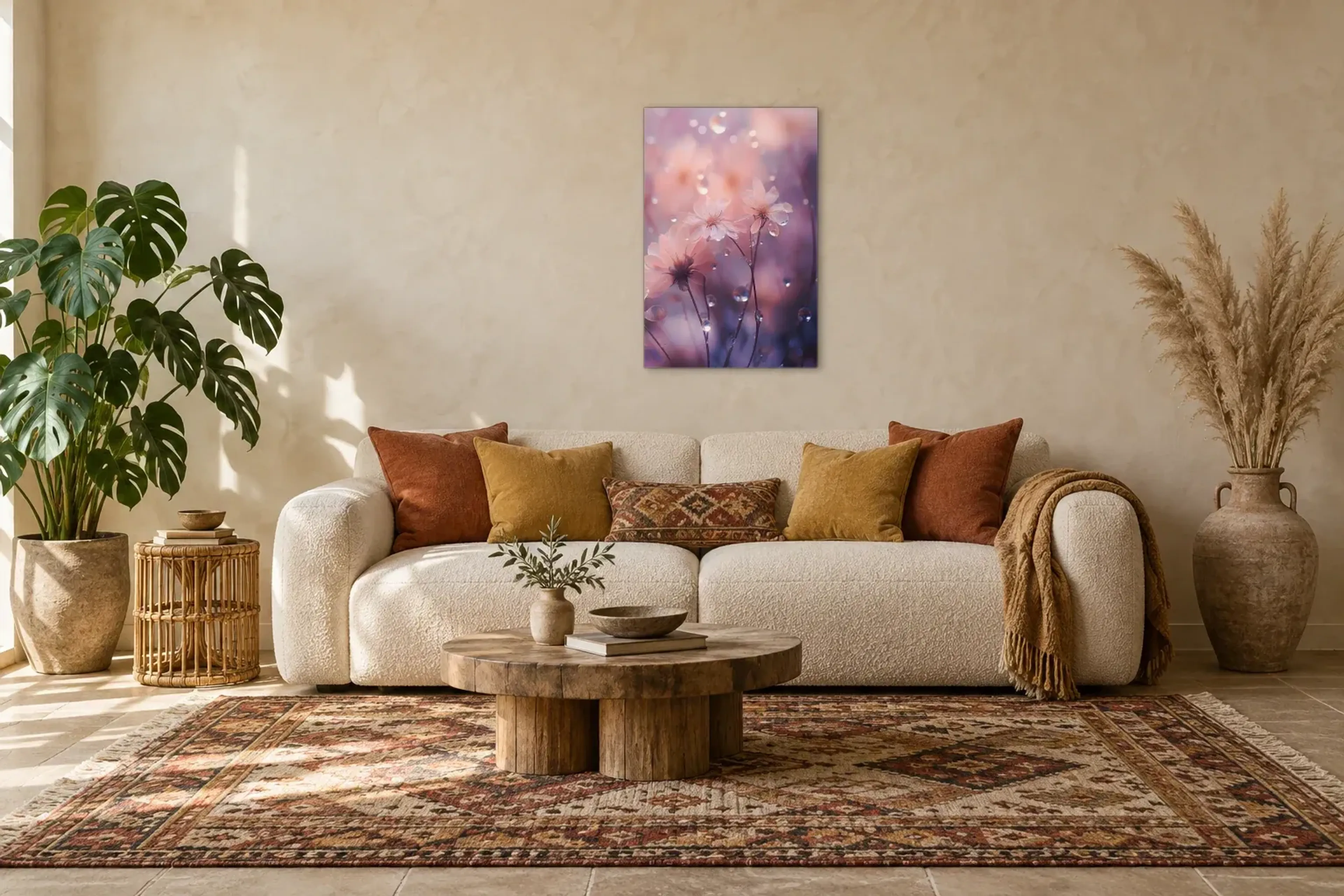Lila Blumen als Wandbild über einem 220-cm-Sofa