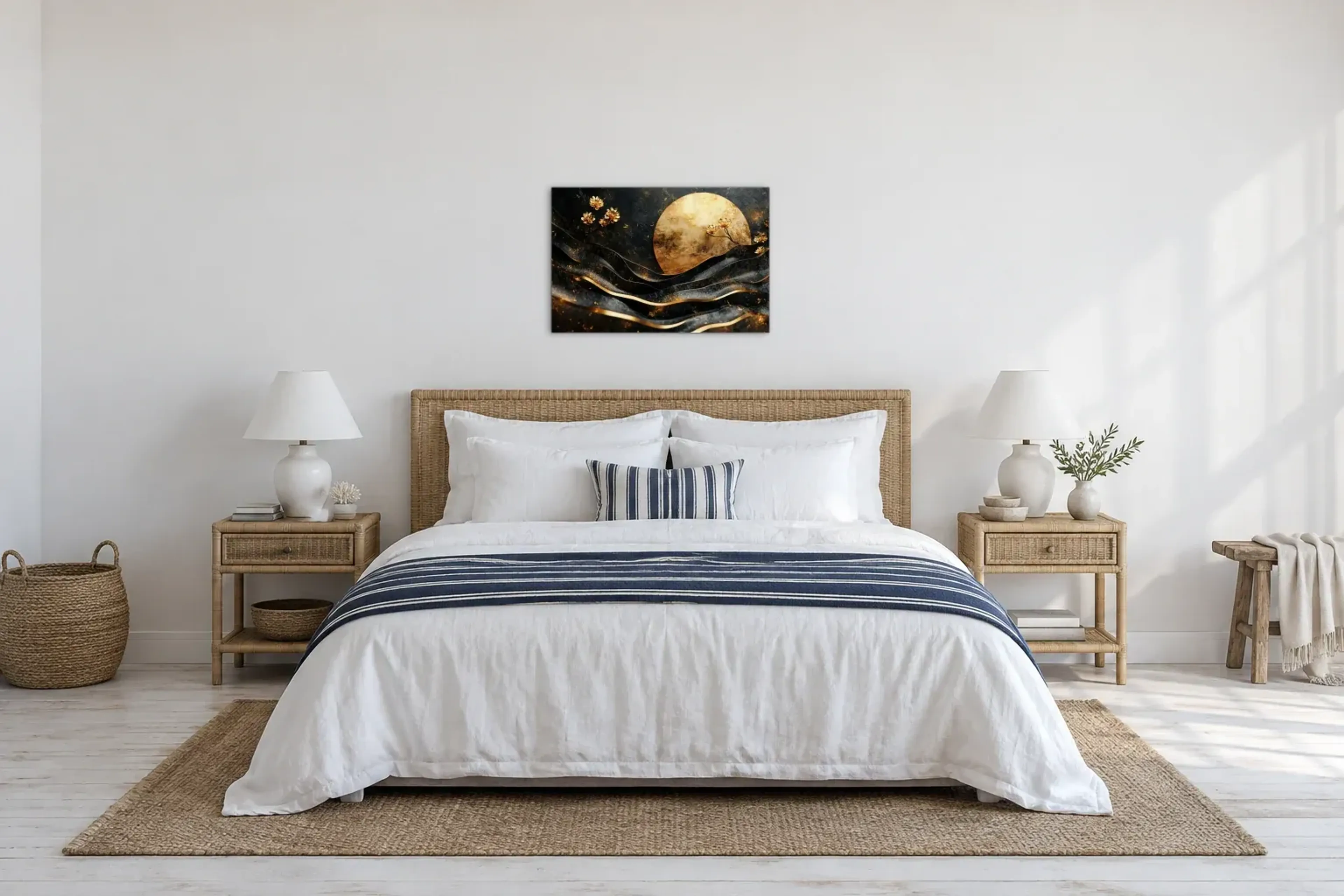 Abstrakte Wellen als Wandbild über einem 180-cm-Bett
