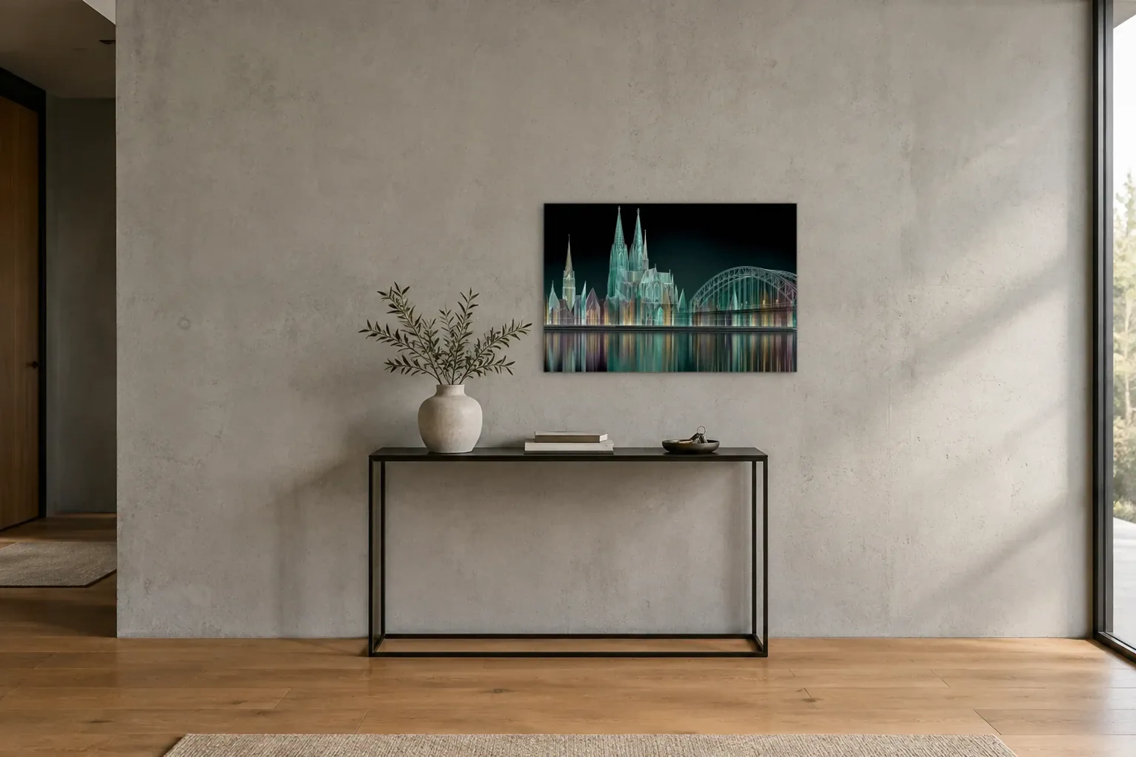 Köln aus Lichtlinien als Wandbild über einer 120-cm-Konsole