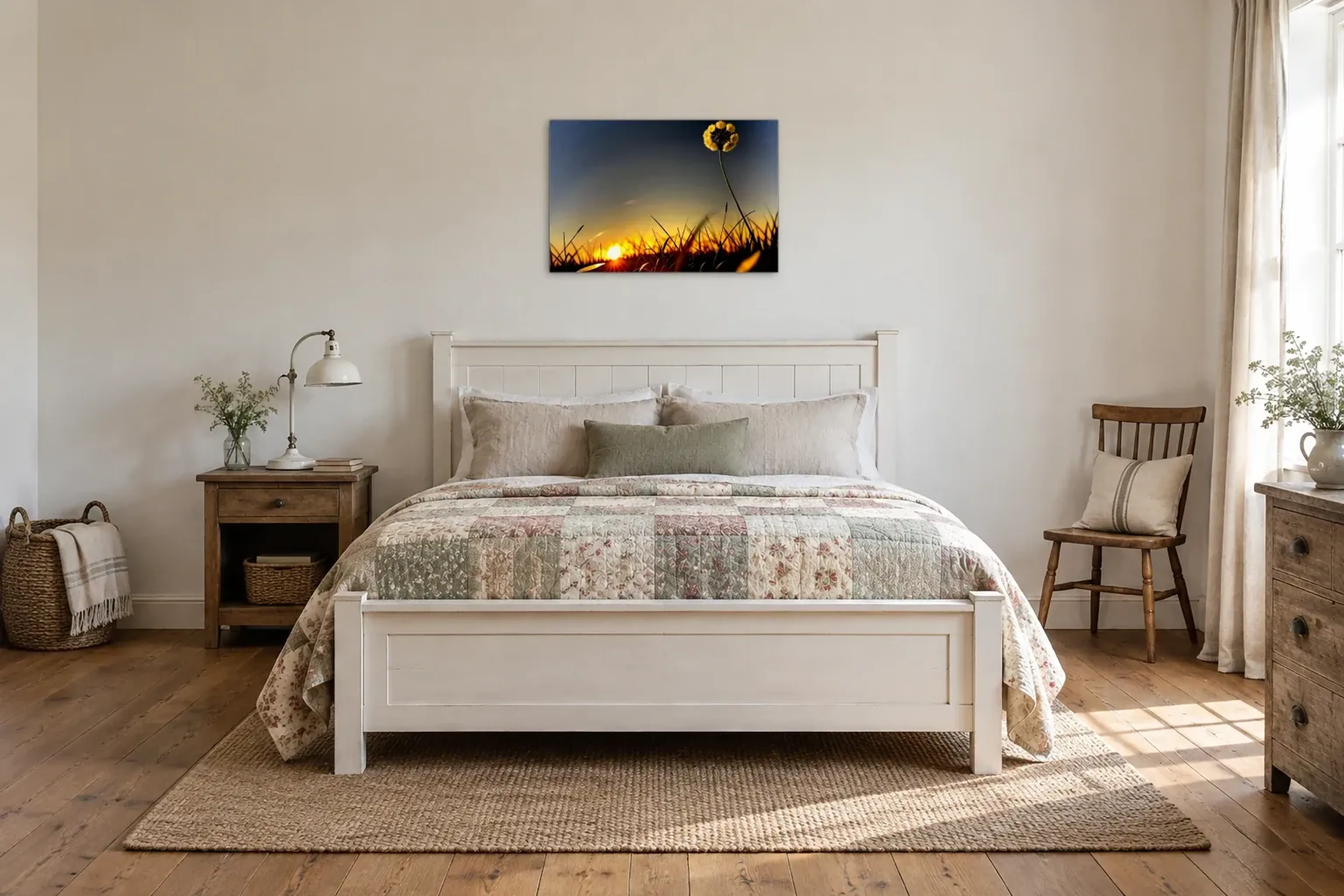 Blumenwiese Sonnenuntergang als Wandbild über einem 160-cm-Bett
