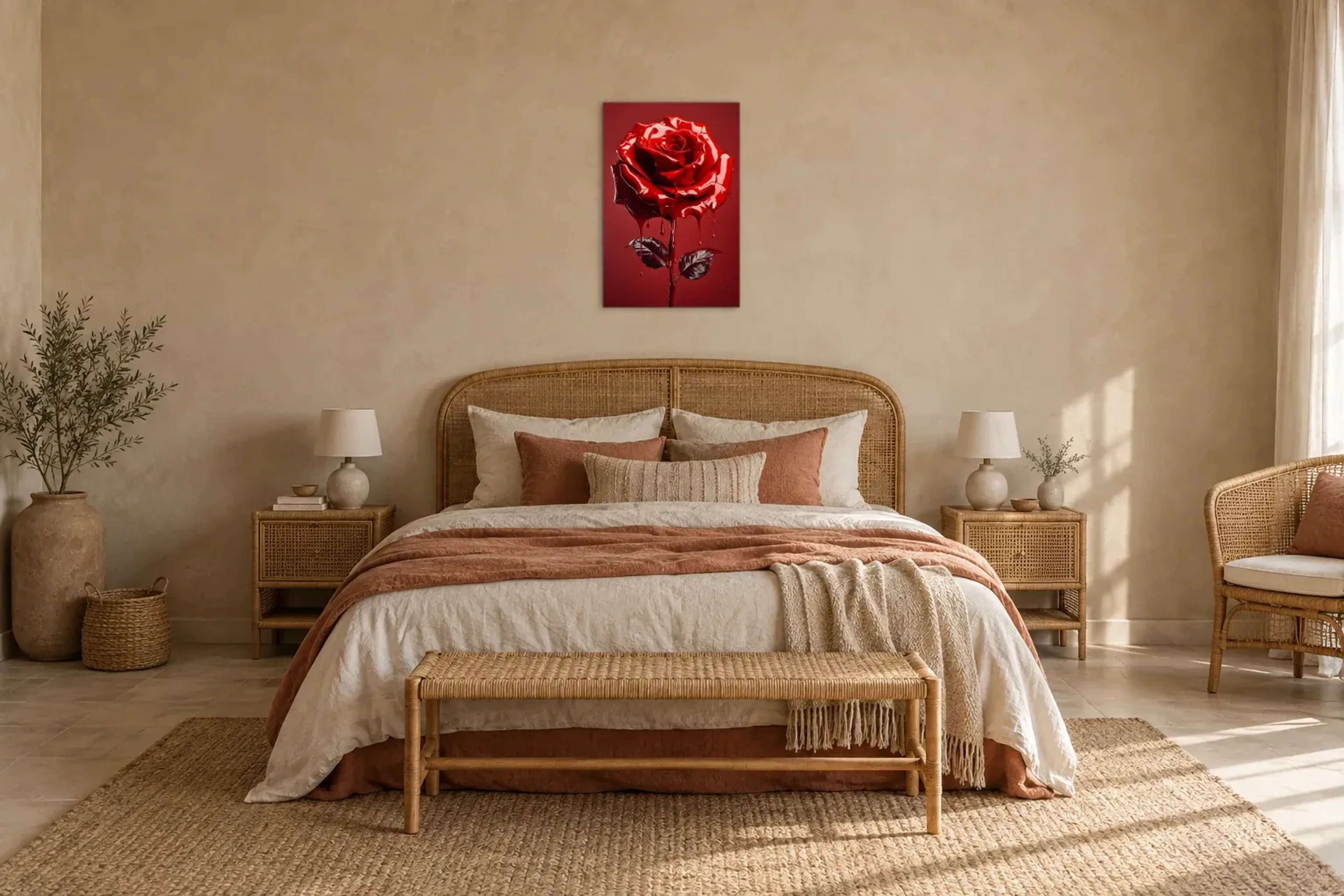 Glänzende rote Rose als Wandbild über einem 180-cm-Bett