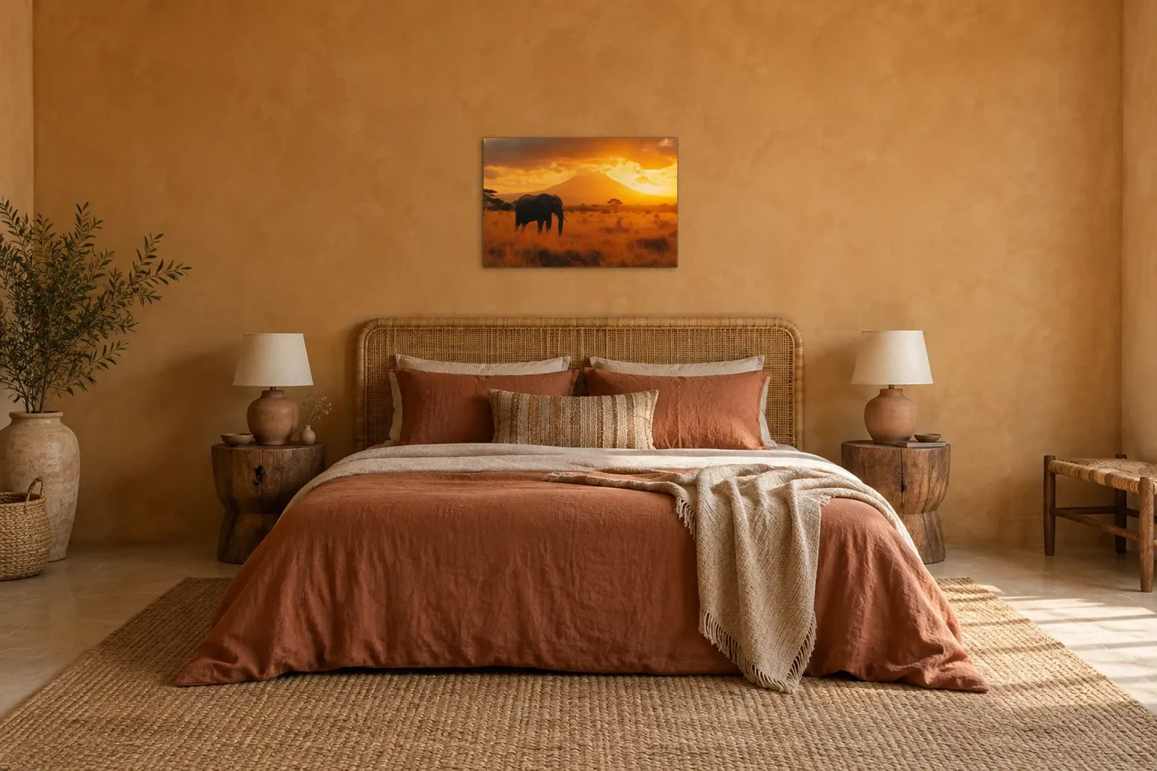 Elefantenherde als Wandbild über einem 180-cm-Bett