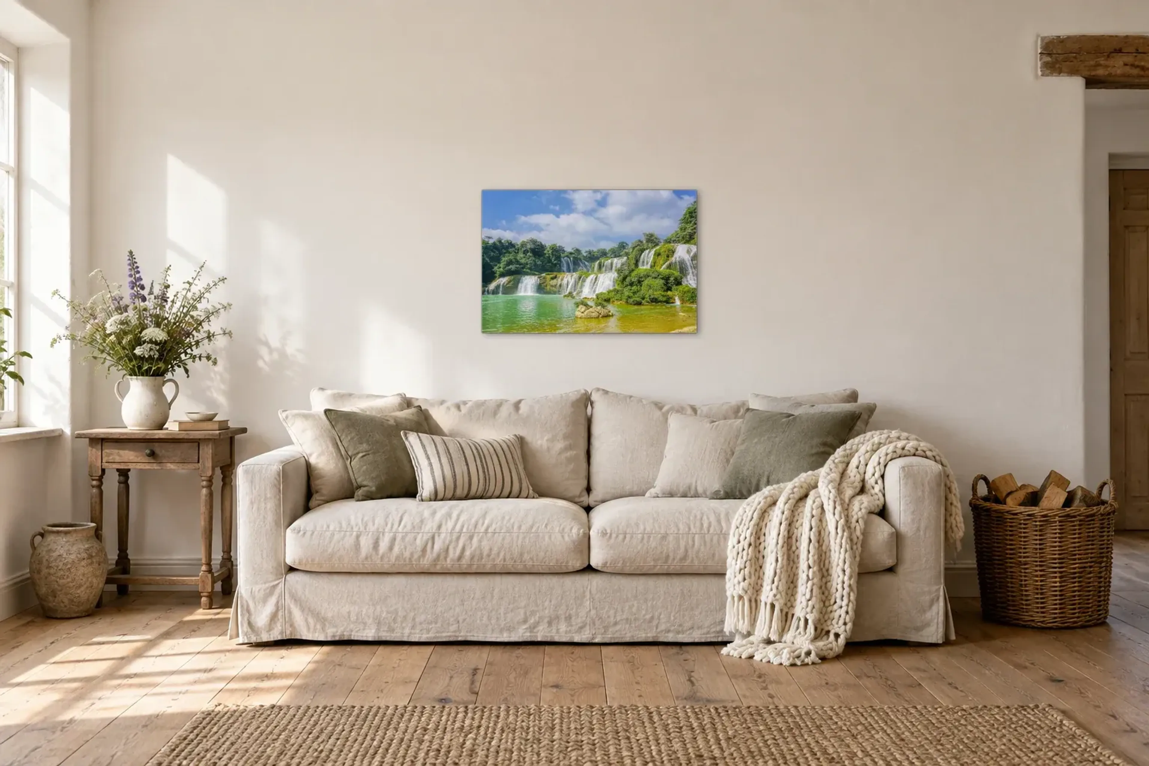 Wasserfälle im Grünen als Wandbild über einem 220-cm-Sofa