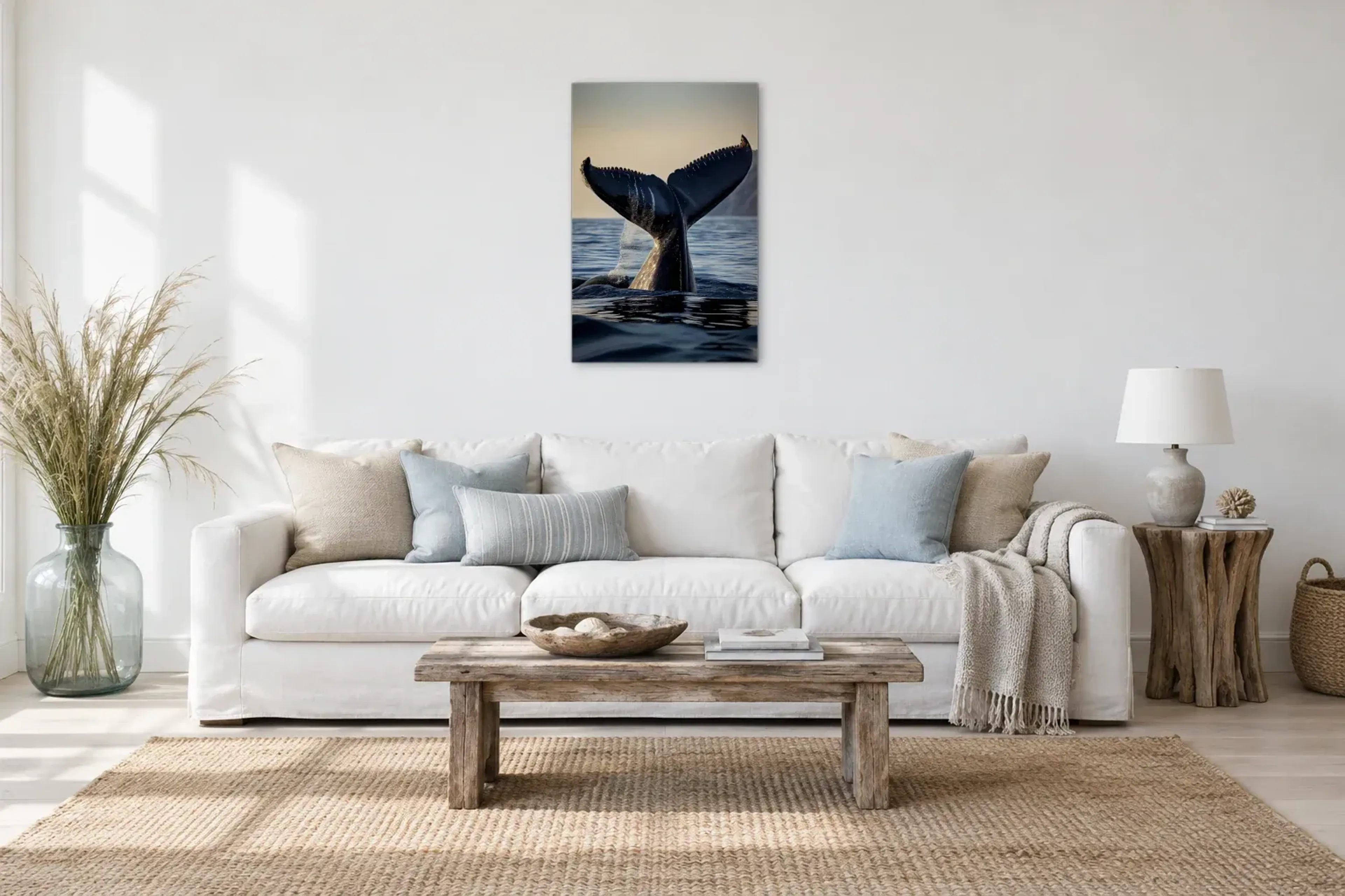 Walflosse im Abendlicht als Wandbild über einem 220-cm-Sofa