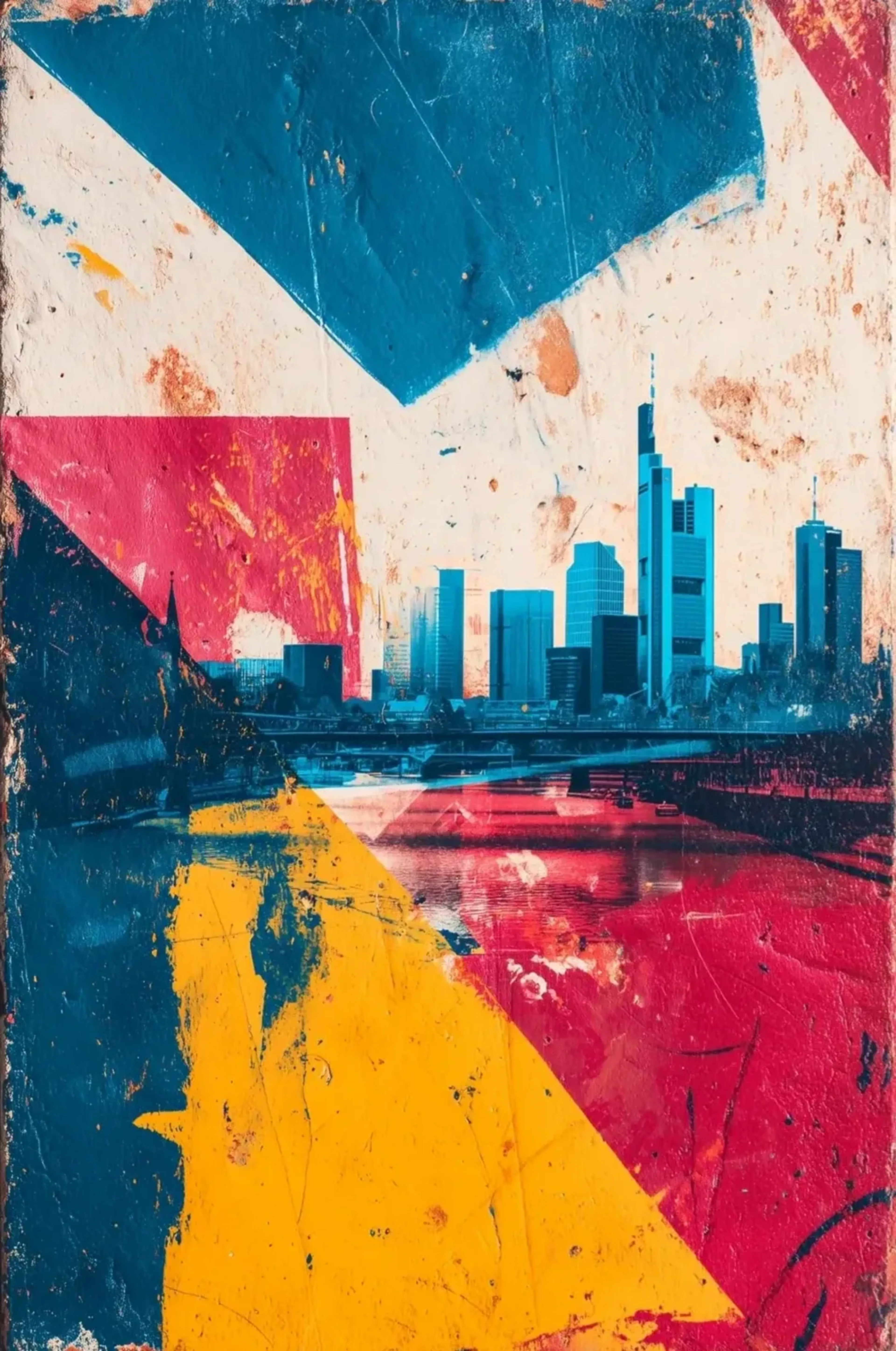 Frankfurter Skyline zwischen cremeweißen, blauen, pinken und gelben Farbflächen mit sichtbarer Kratzoptik.