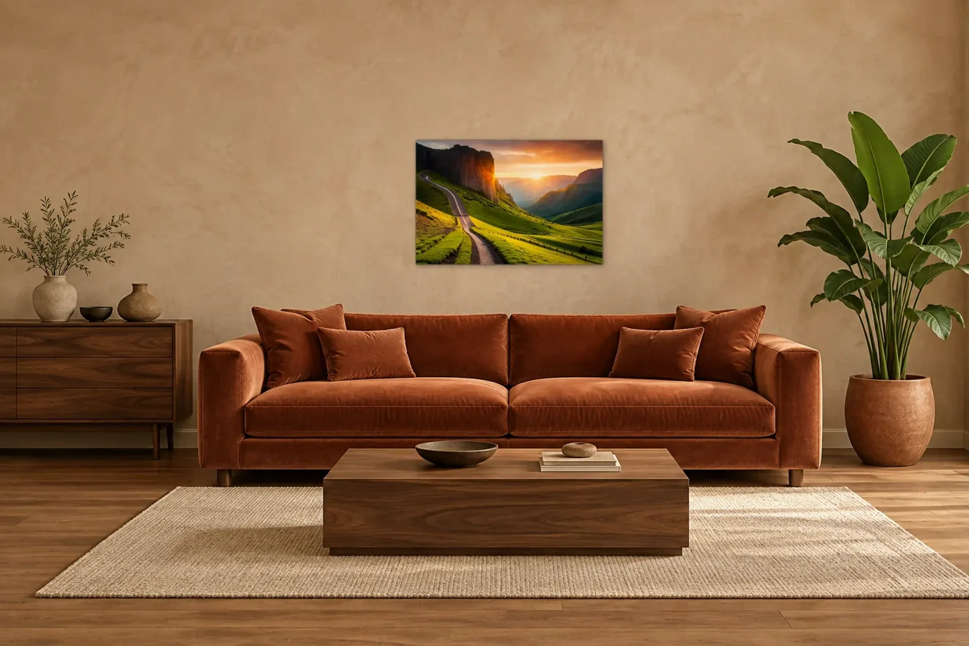 Grüner Hang als Wandbild über einem 220-cm-Sofa