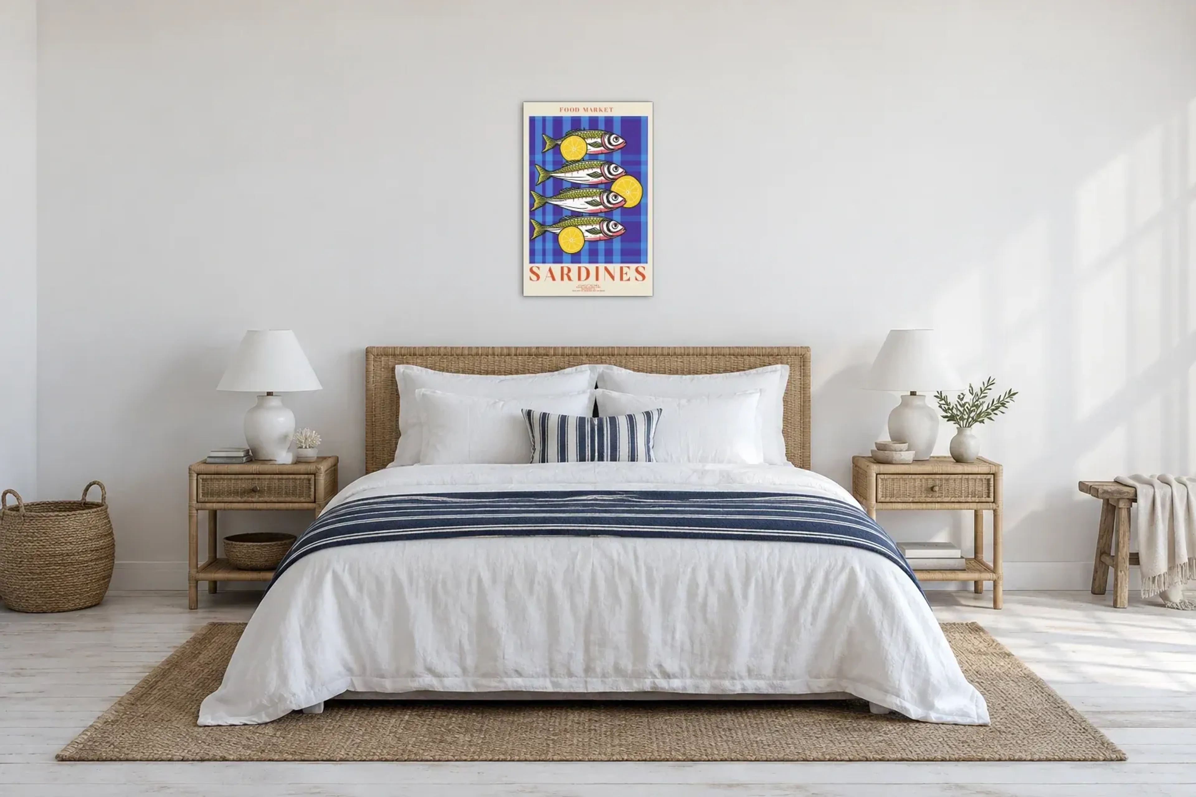 Sardinen Food Market als Wandbild über einem 180-cm-Bett