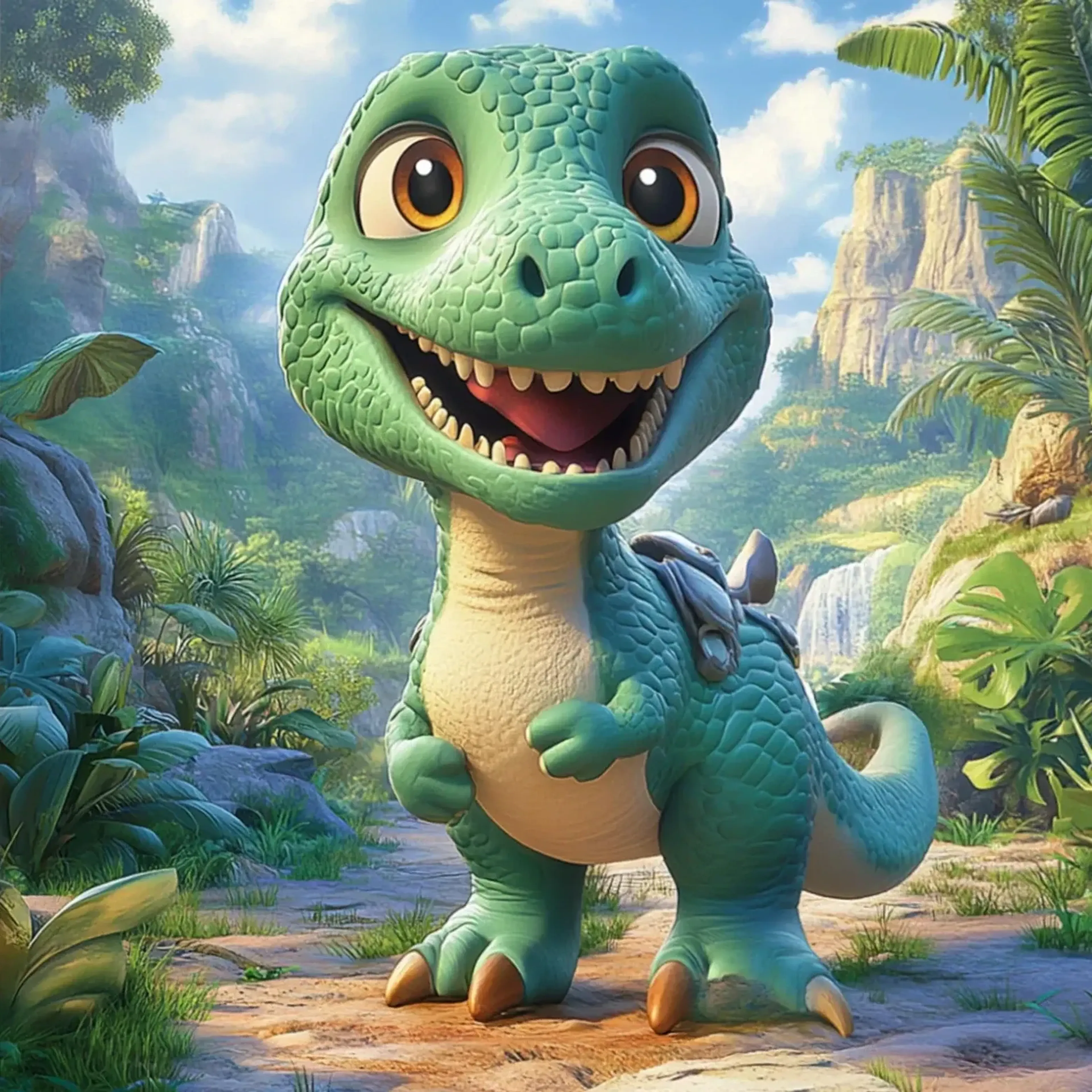 Grüner Dino mit hellem Bauch und offenem Maul vor tropischen Pflanzen, Felsen und einem Wasserfall.