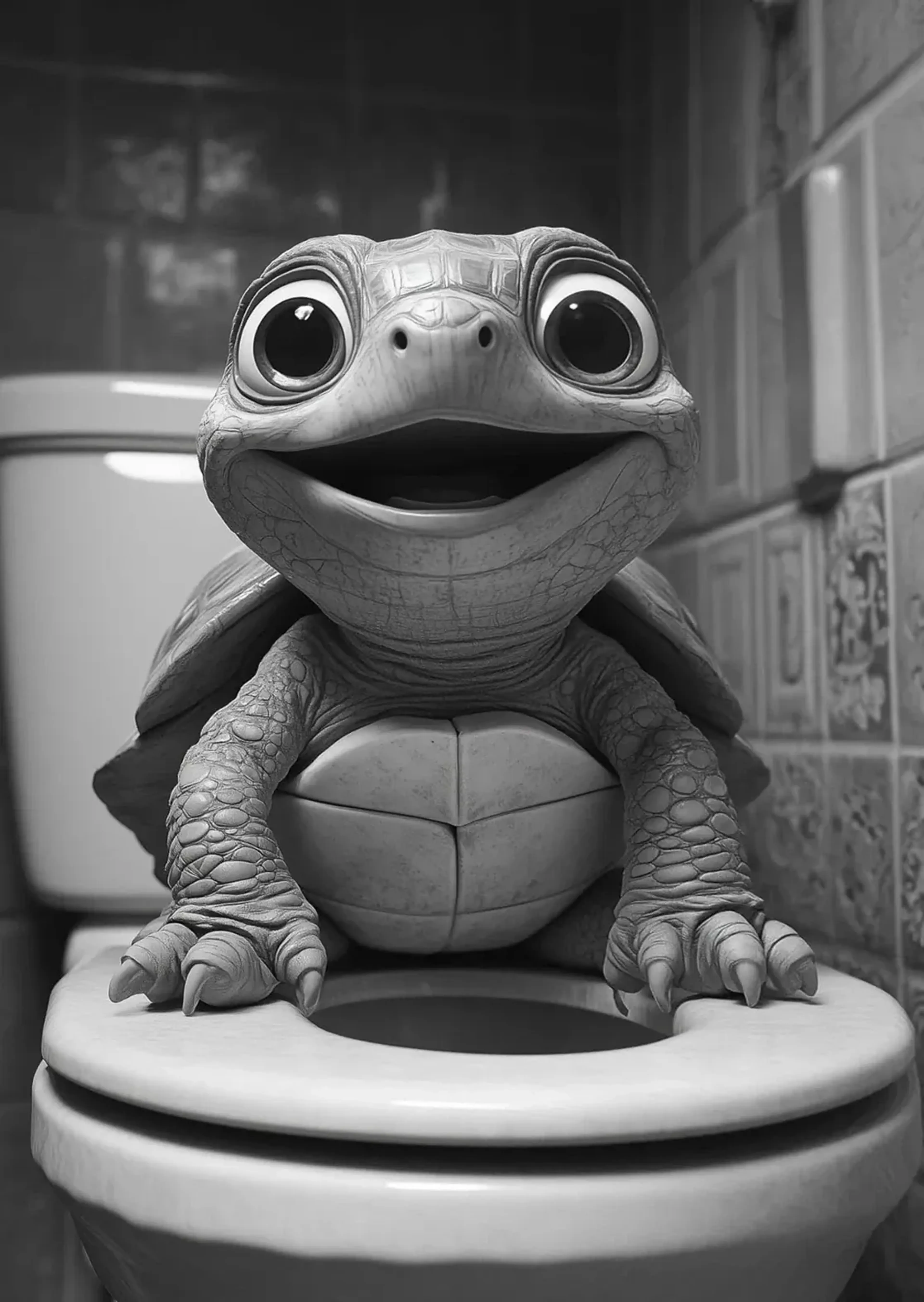 Schildkröte auf Toilette – Motiv als Wandbild auf Holz