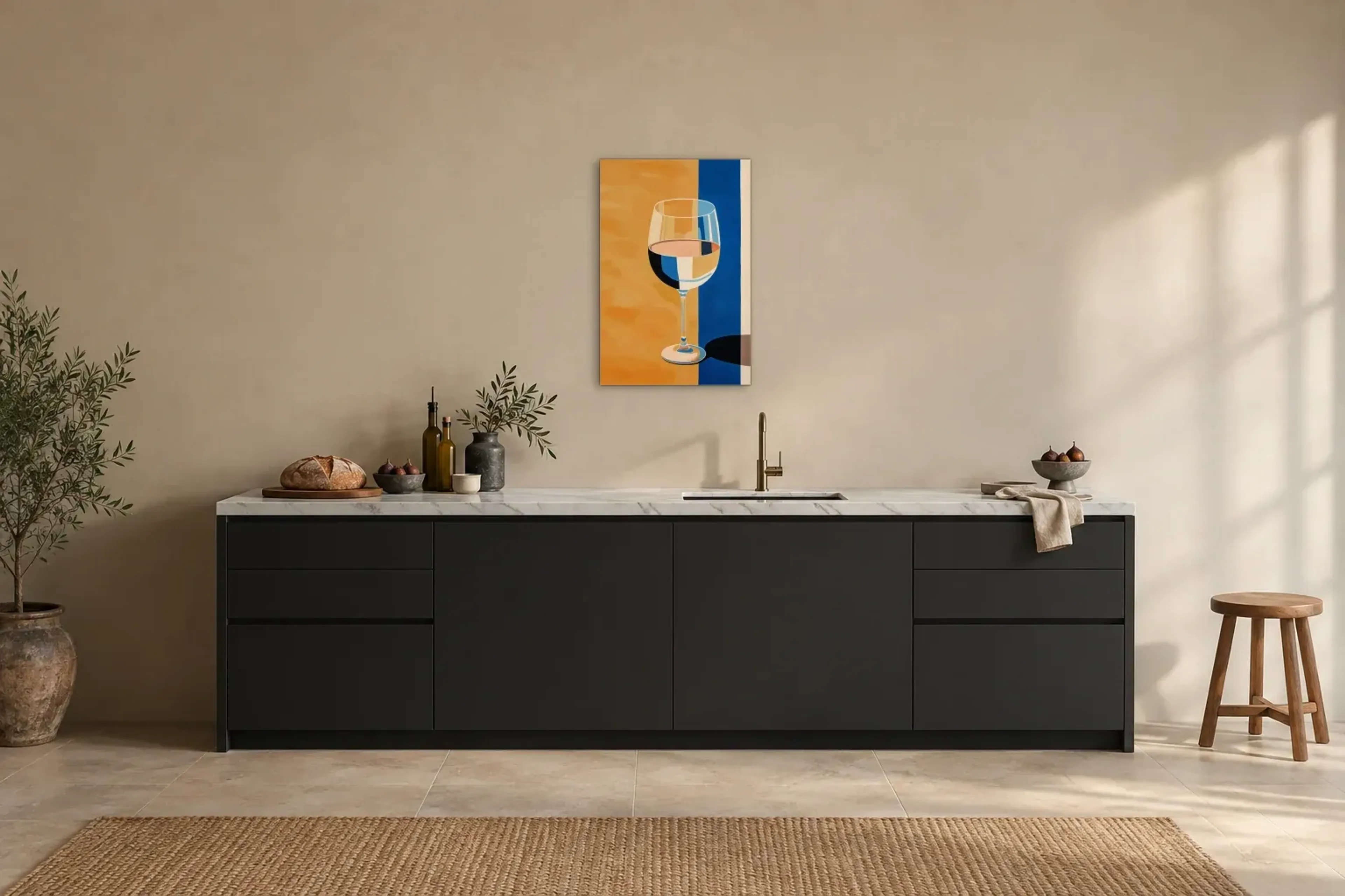 Weinglas in Blau und Ocker als Wandbild über einer 200-cm-Arbeitsplatte