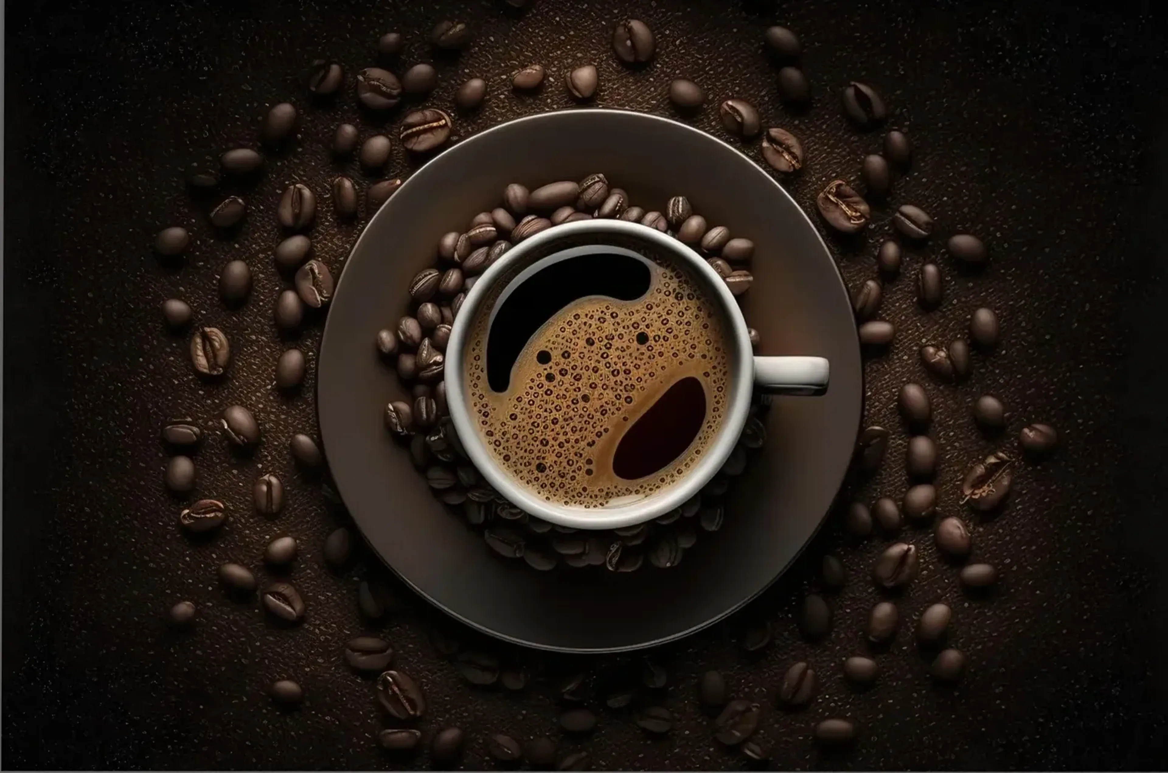 Kaffeetasse mit goldbraunen Bläschen aus der Vogelperspektive, umgeben von einer dunklen Untertasse und Bohnen.