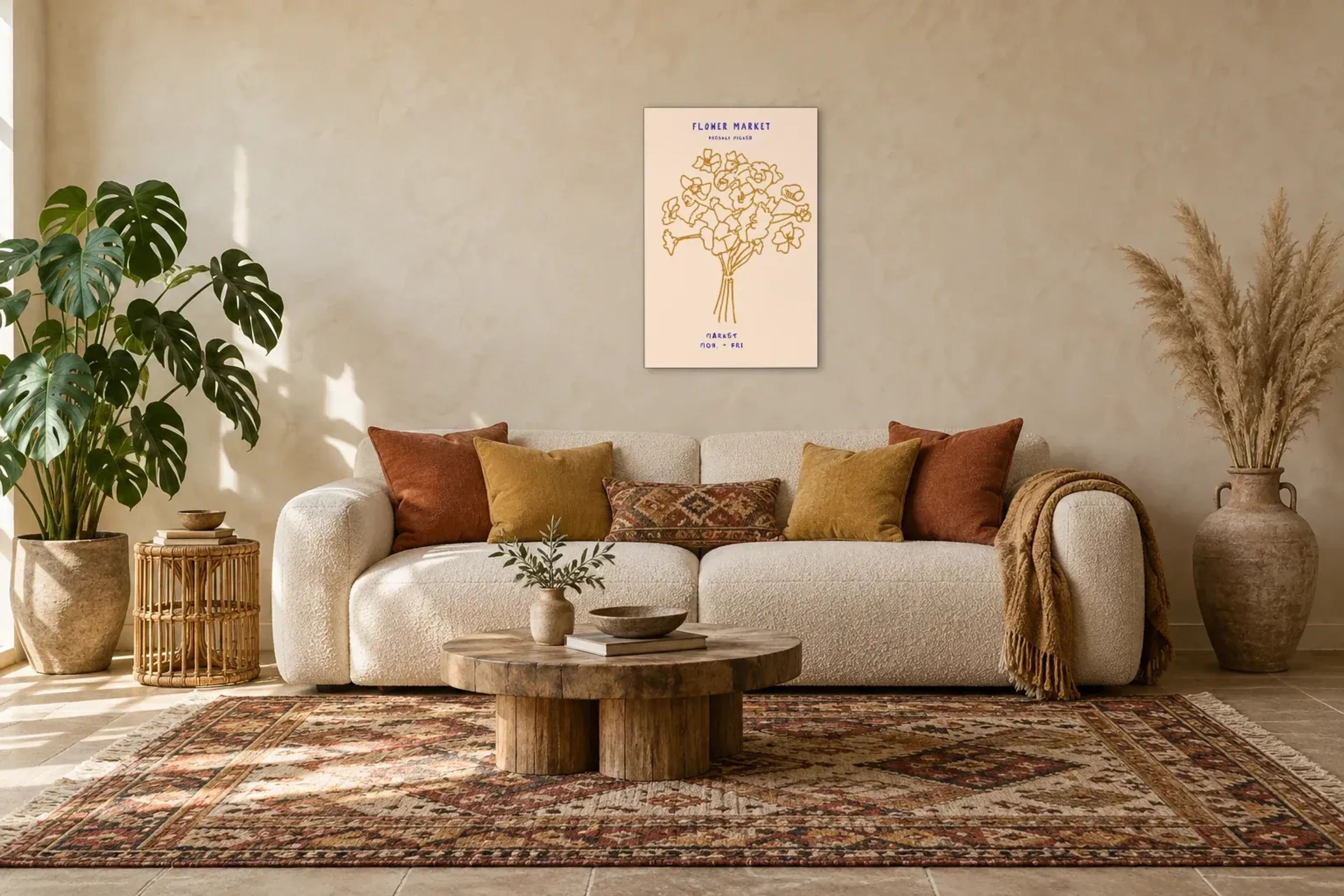 Blumenstrauß in Ocker als Wandbild über einem 220-cm-Sofa