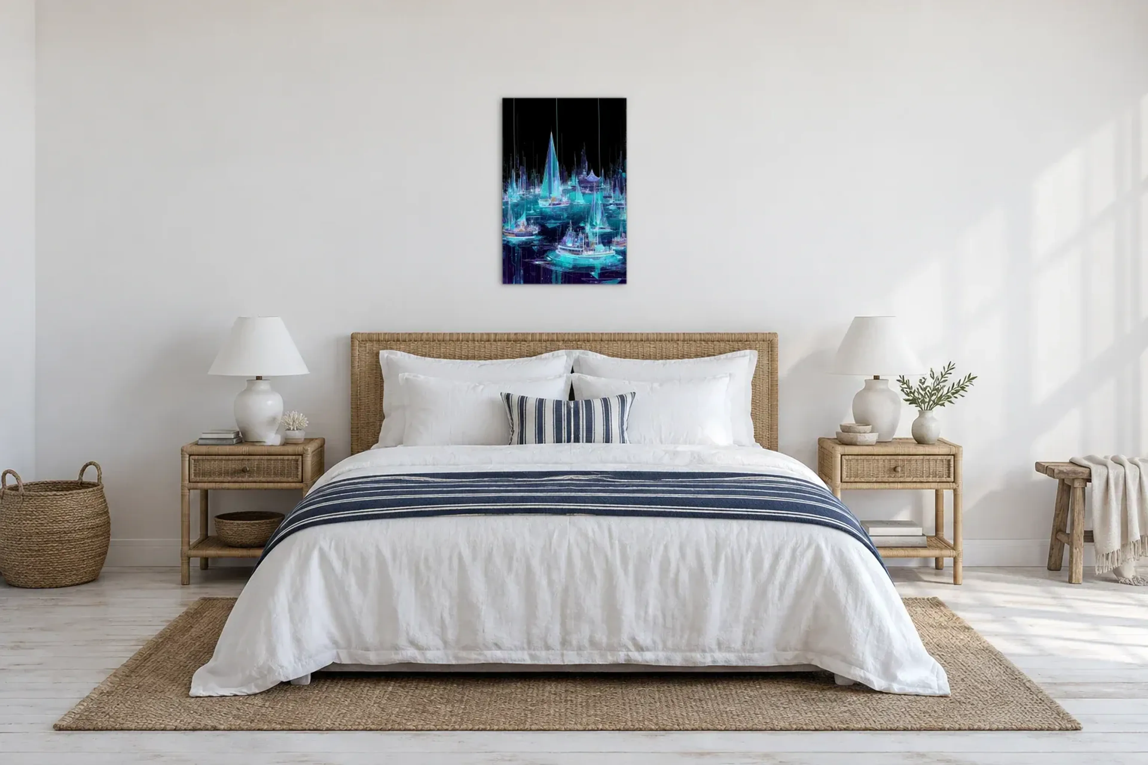 Hafen aus Lichtlinien als Wandbild über einem 180-cm-Bett